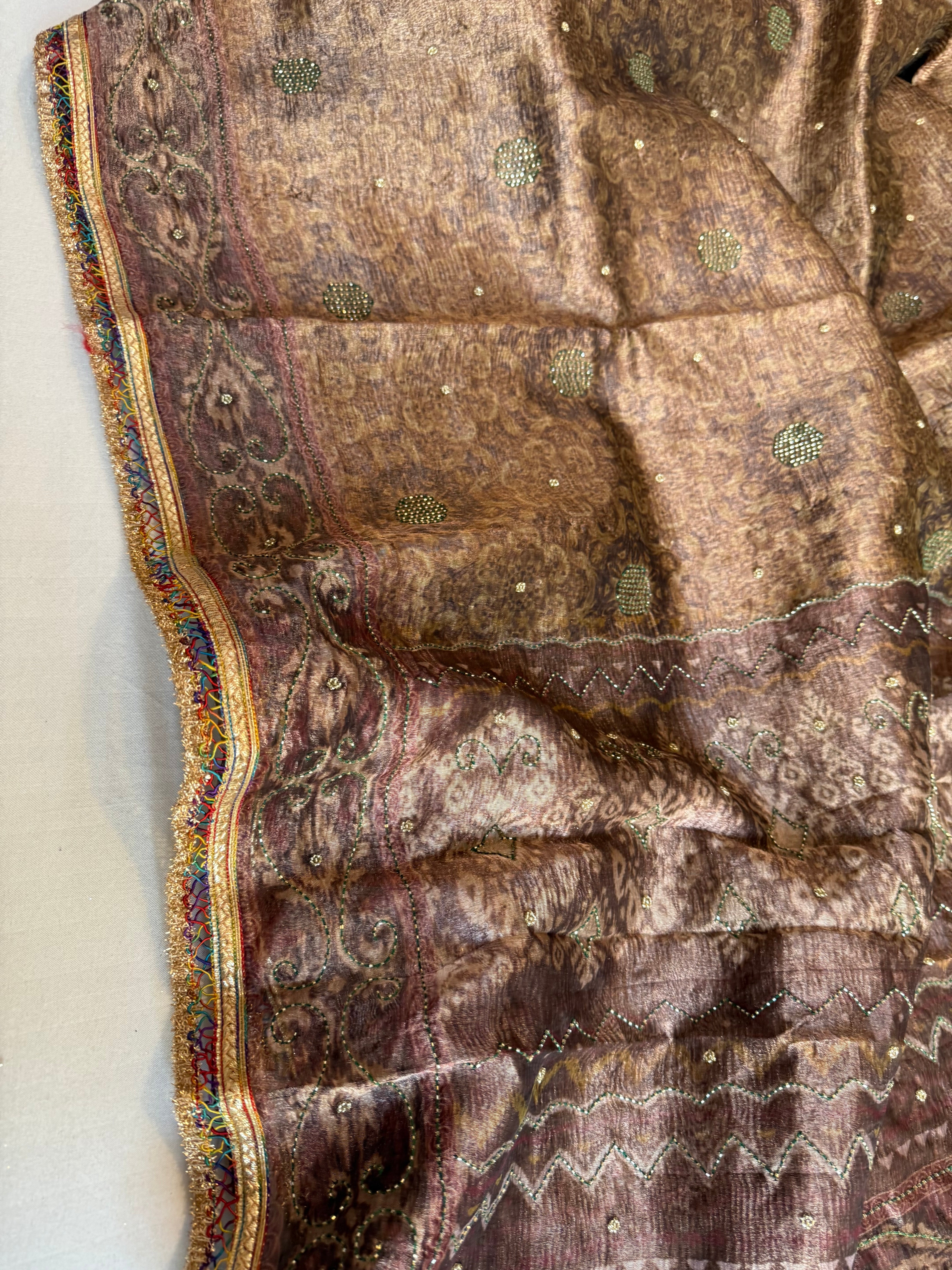 Printed tissue silk heavy hand embroidered kadhwa gotapatti saree