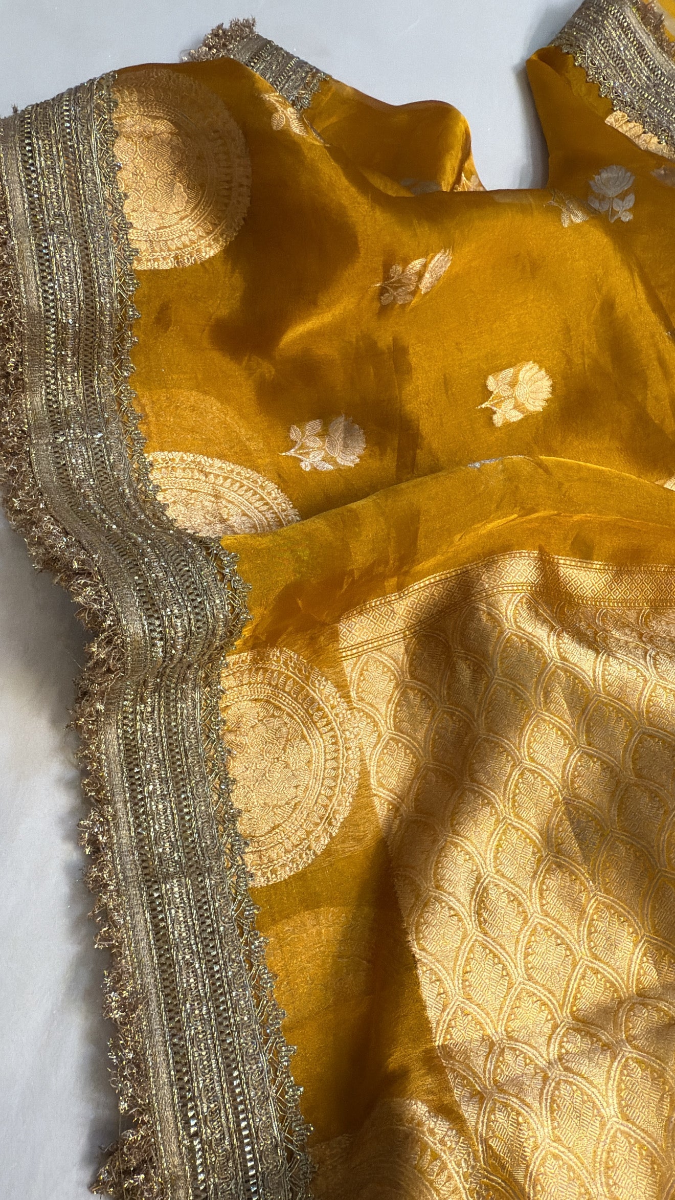 Maharani golden yellow tissue silk kadhwa buti gotapatti saree