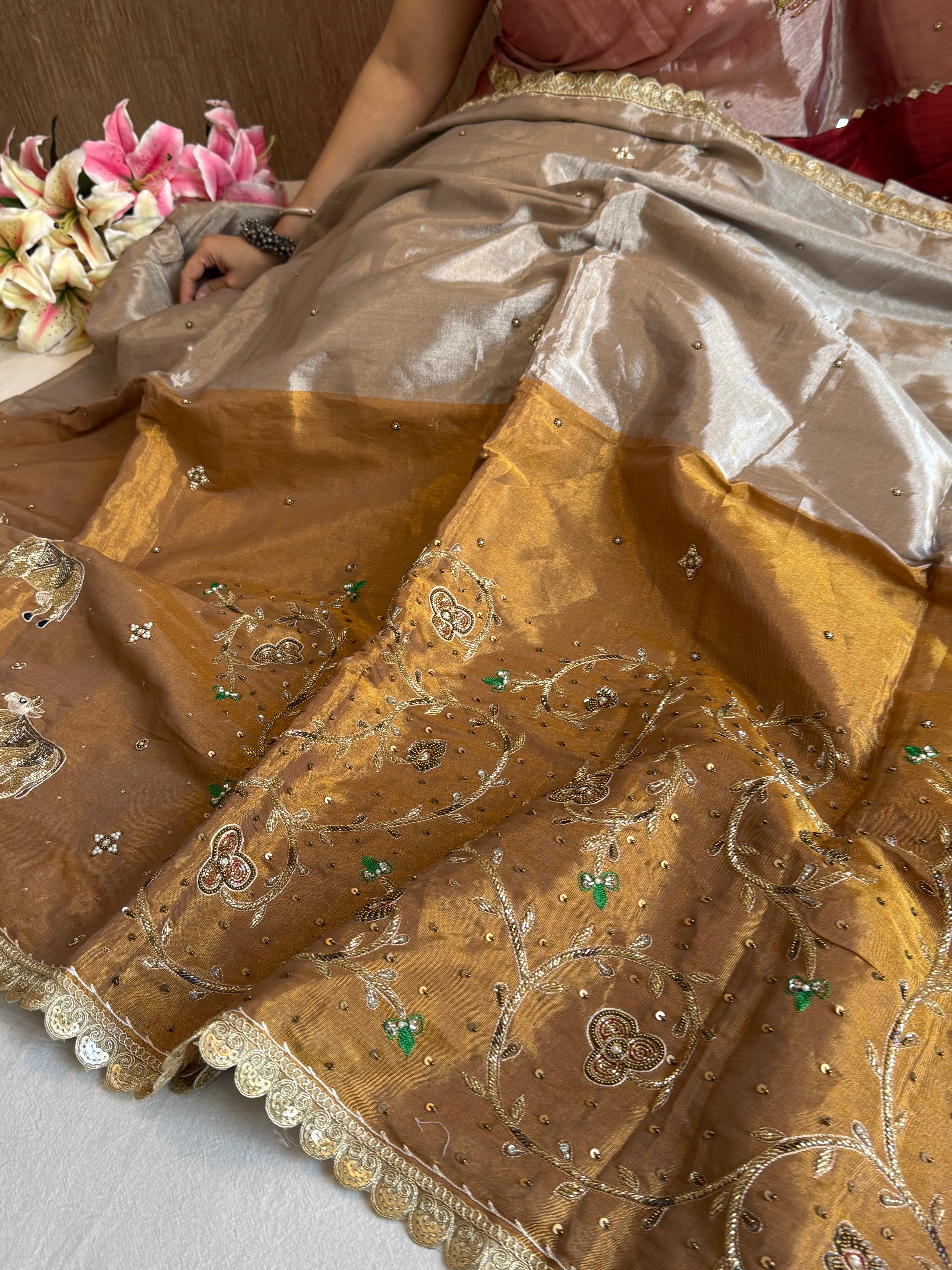 Satin tissue silk molten gold-silver hand embroidered banarasi saree