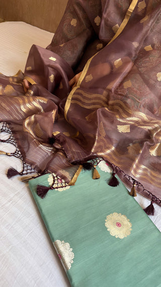 Banarasi crayon green-brown chiniya silk contrast suit set