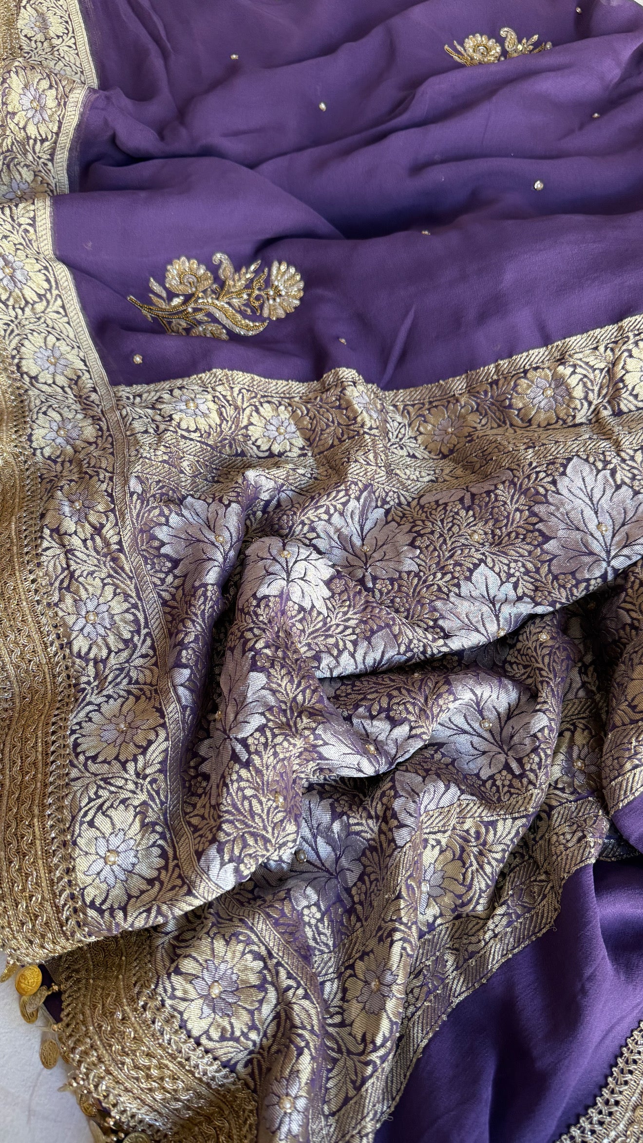 Dusty lavender gorgette banarasi kadhwa hand embroidered saree