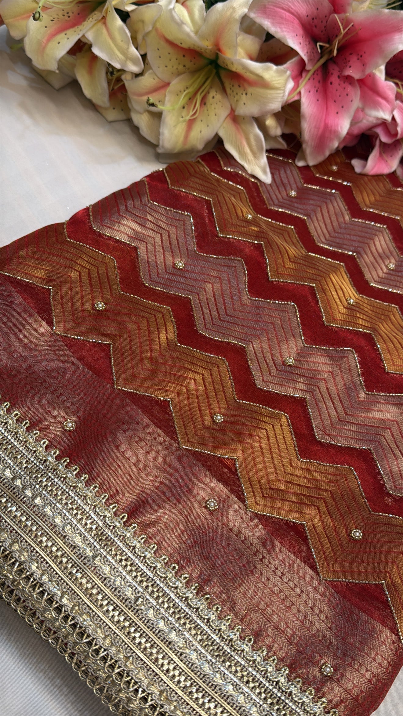 Blood red geometric weaving tissue silk hand embroidered saree