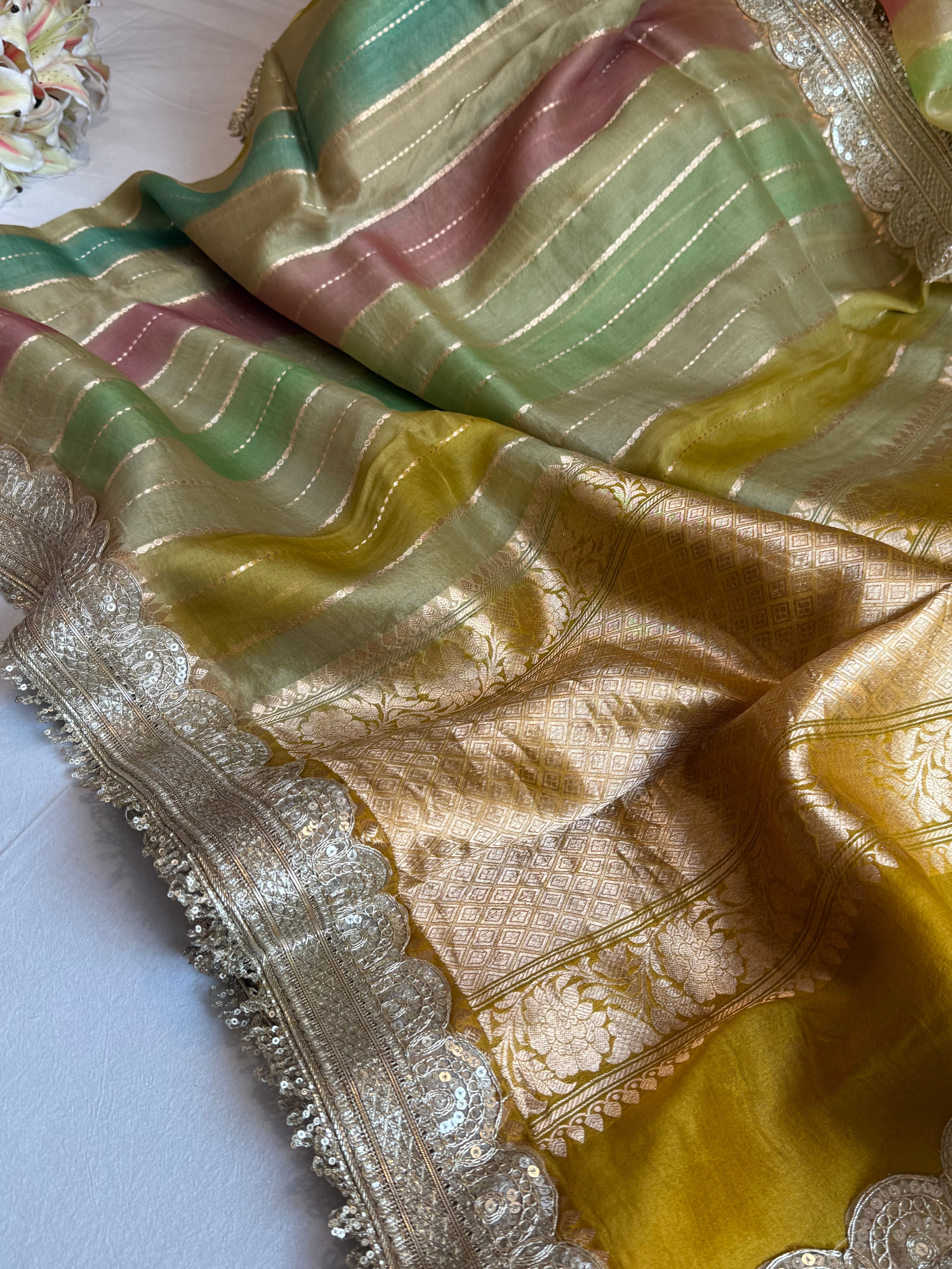 Rangeela kora silk striped rangkaat dye kadhwa weaving banarasi saree