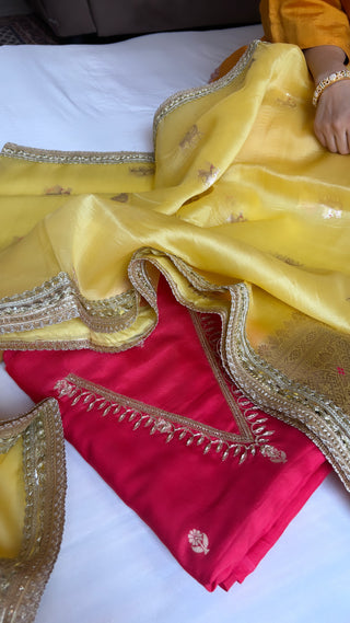 blood red-golden yellow kadhwa hand embroidered suit set from vyaah wala ghar edit