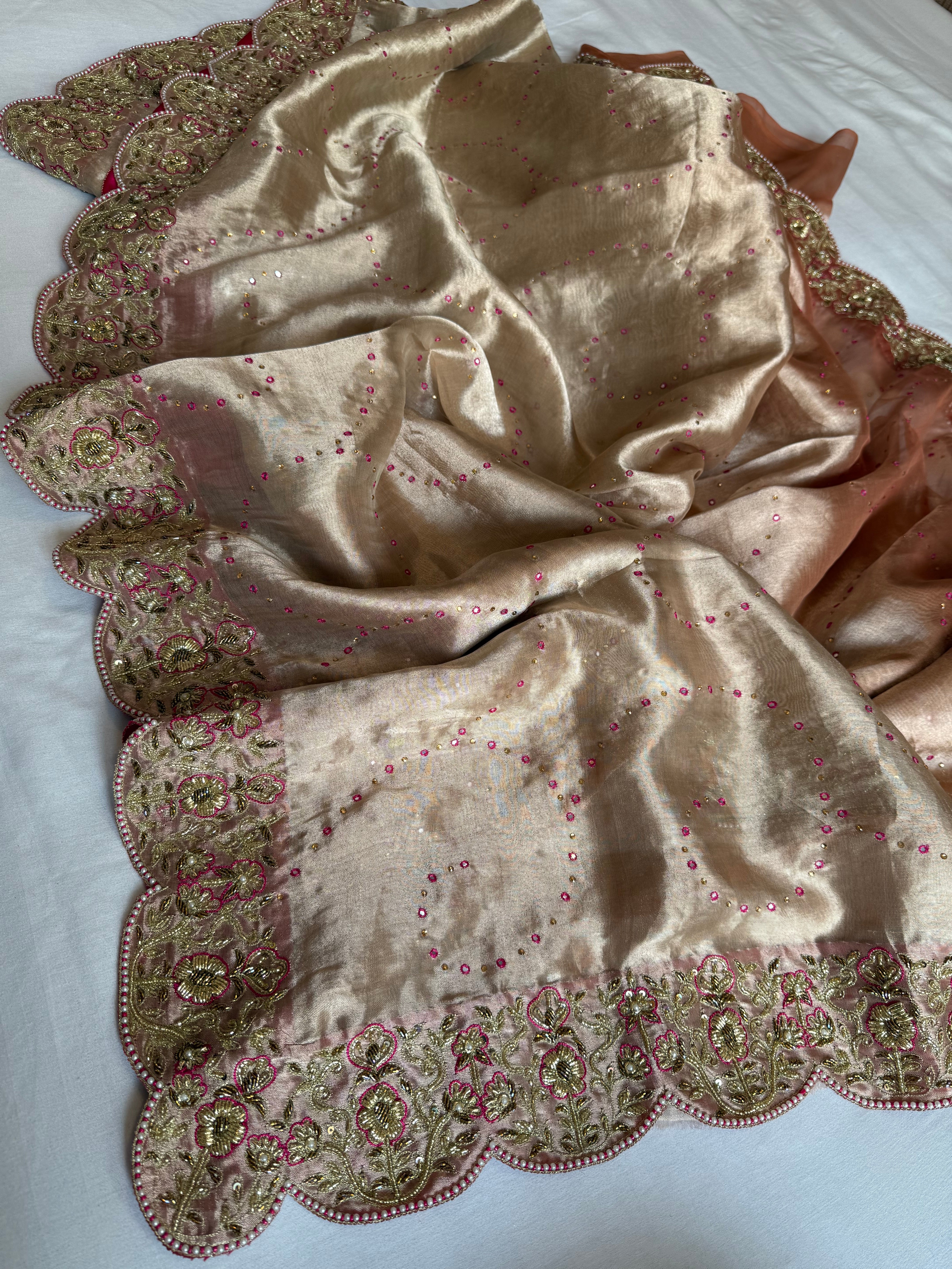 Umrao jaan inspired double diamond tissue silk zardozi hand embroidered saree