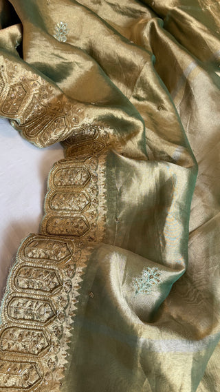 Husn mint green tissue silk heavy zardozi hand embroidered saree