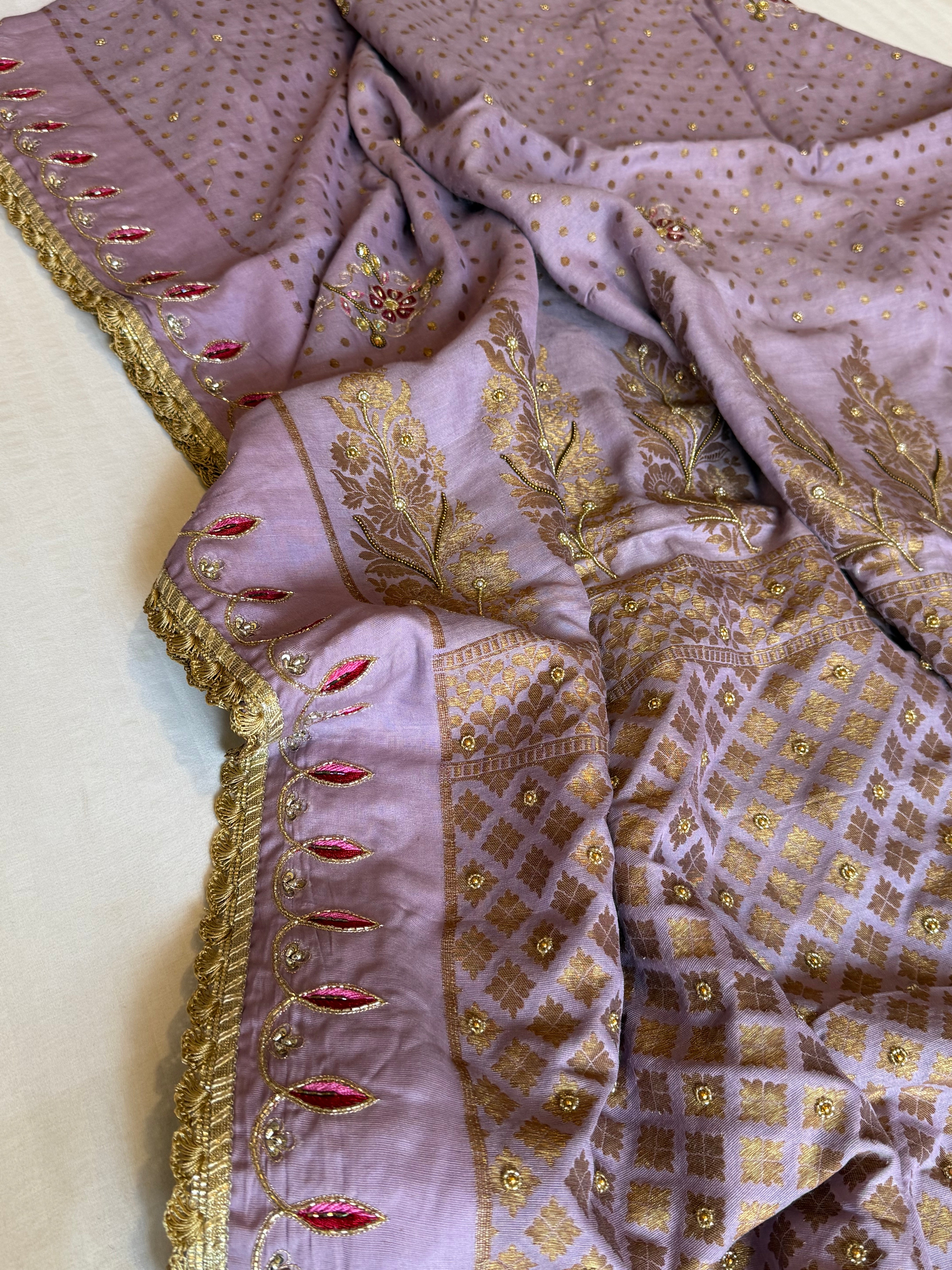 Dusty lilac moonga silk antique zari hand embroidered kadhwa saree