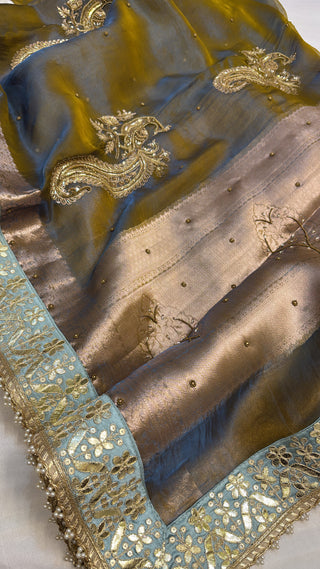 Husn dusty metallic blue tissue silk hand embroidered saree
