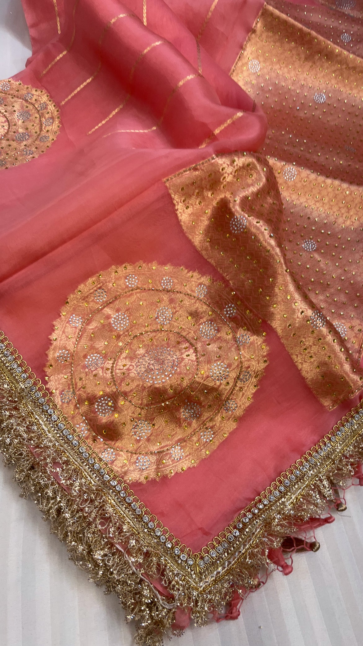 Peachy peach sitara kora silk stonework saree