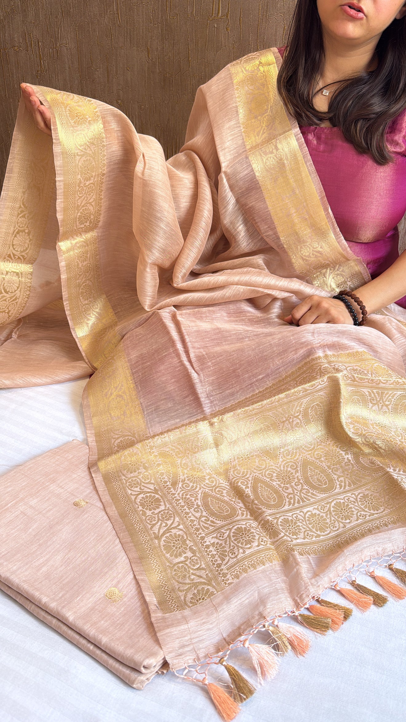 Rose gold linen gorgette kadhwa kurta suit set