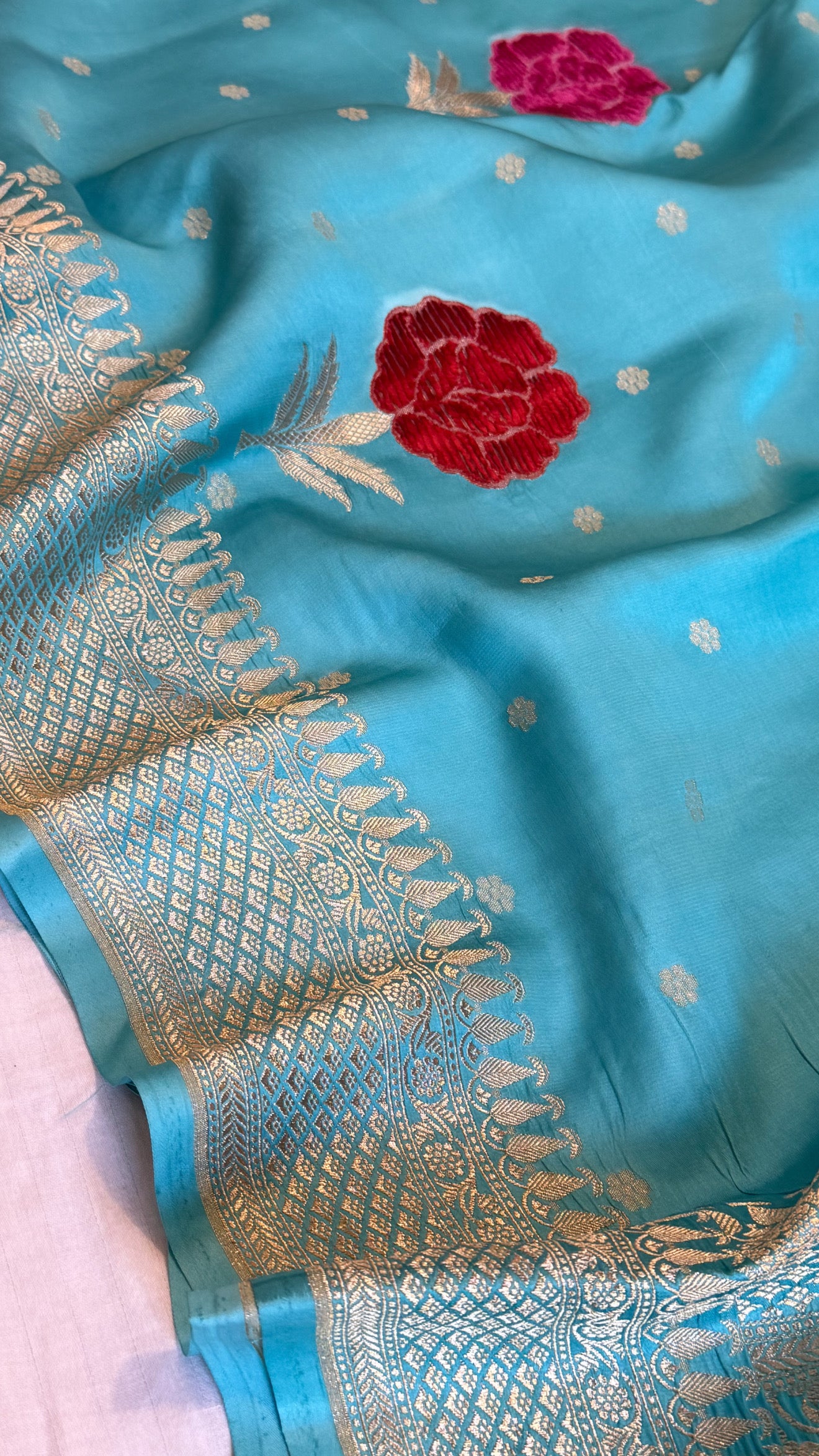 Ice blue banarasi mashru silk velvet buti kadhwa weaving saree