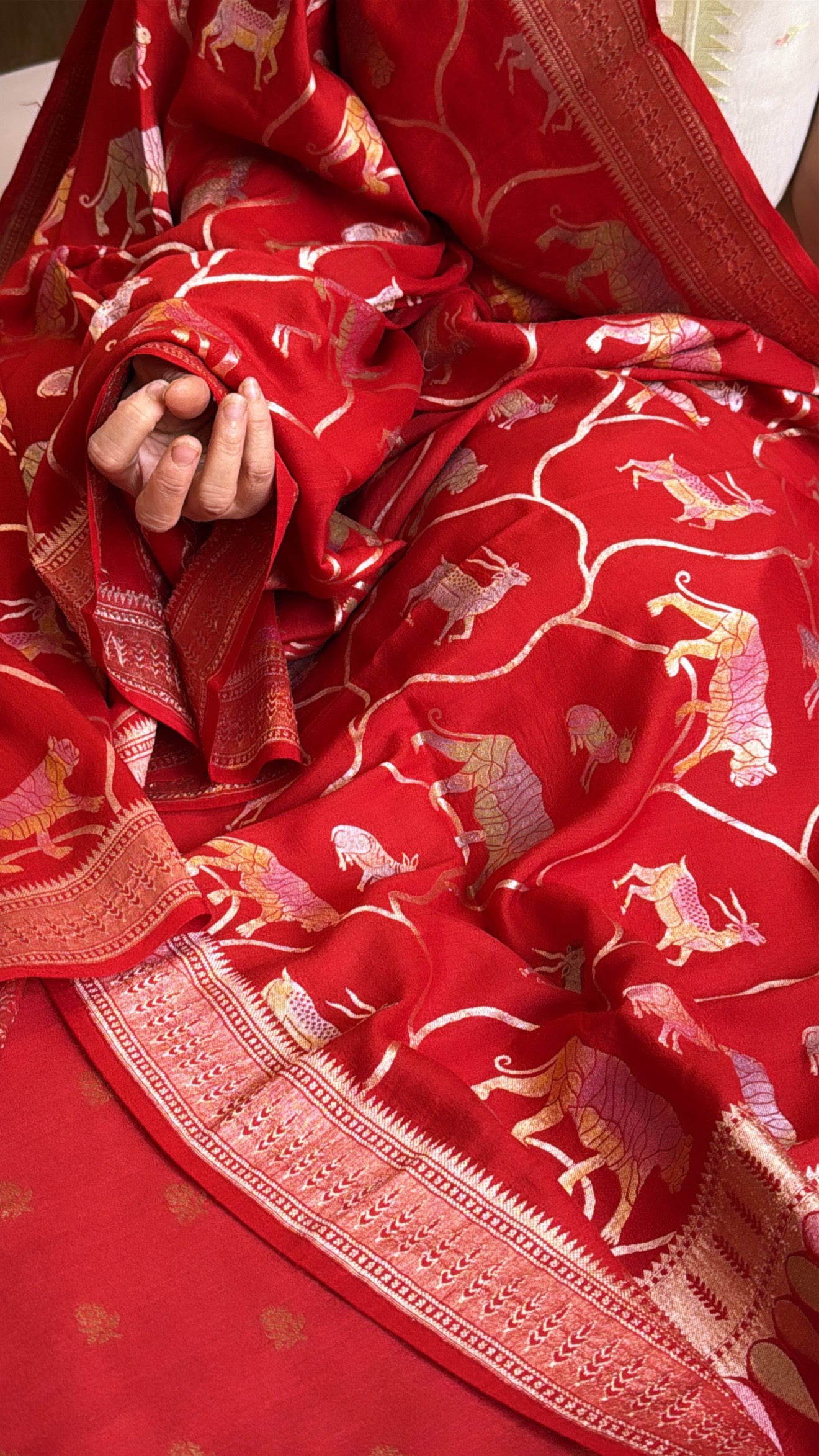 Tomato red moonga silk shikargah motif jaal work weaving suit set