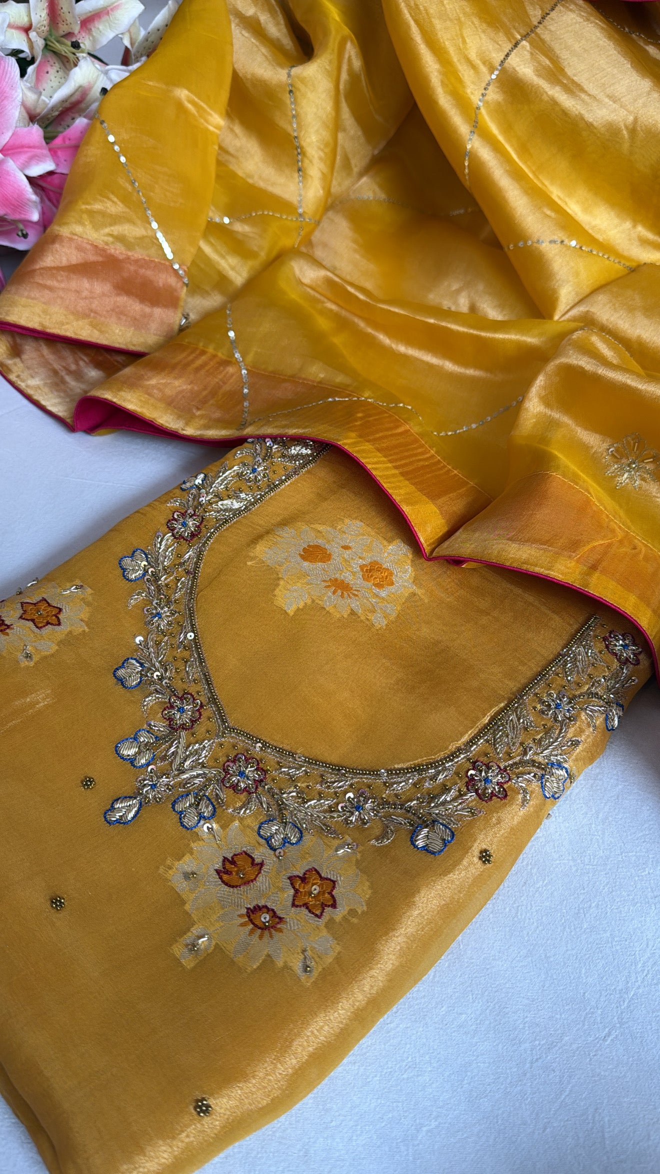 Haldi gold tissue silk hand embroidered heeramandi kadhwa suit set