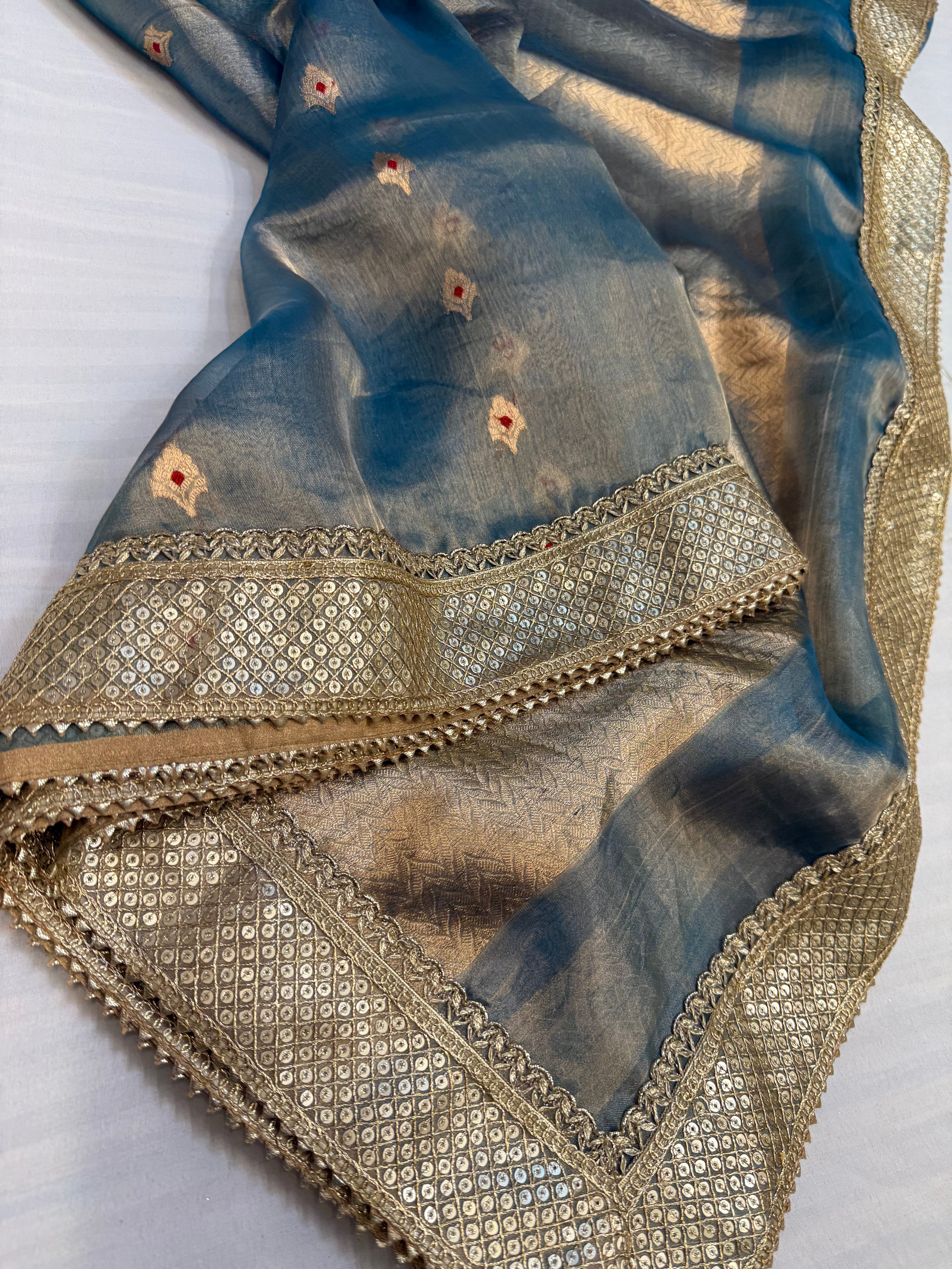 Aqua blue maharani tissue silk meenakari buti saree