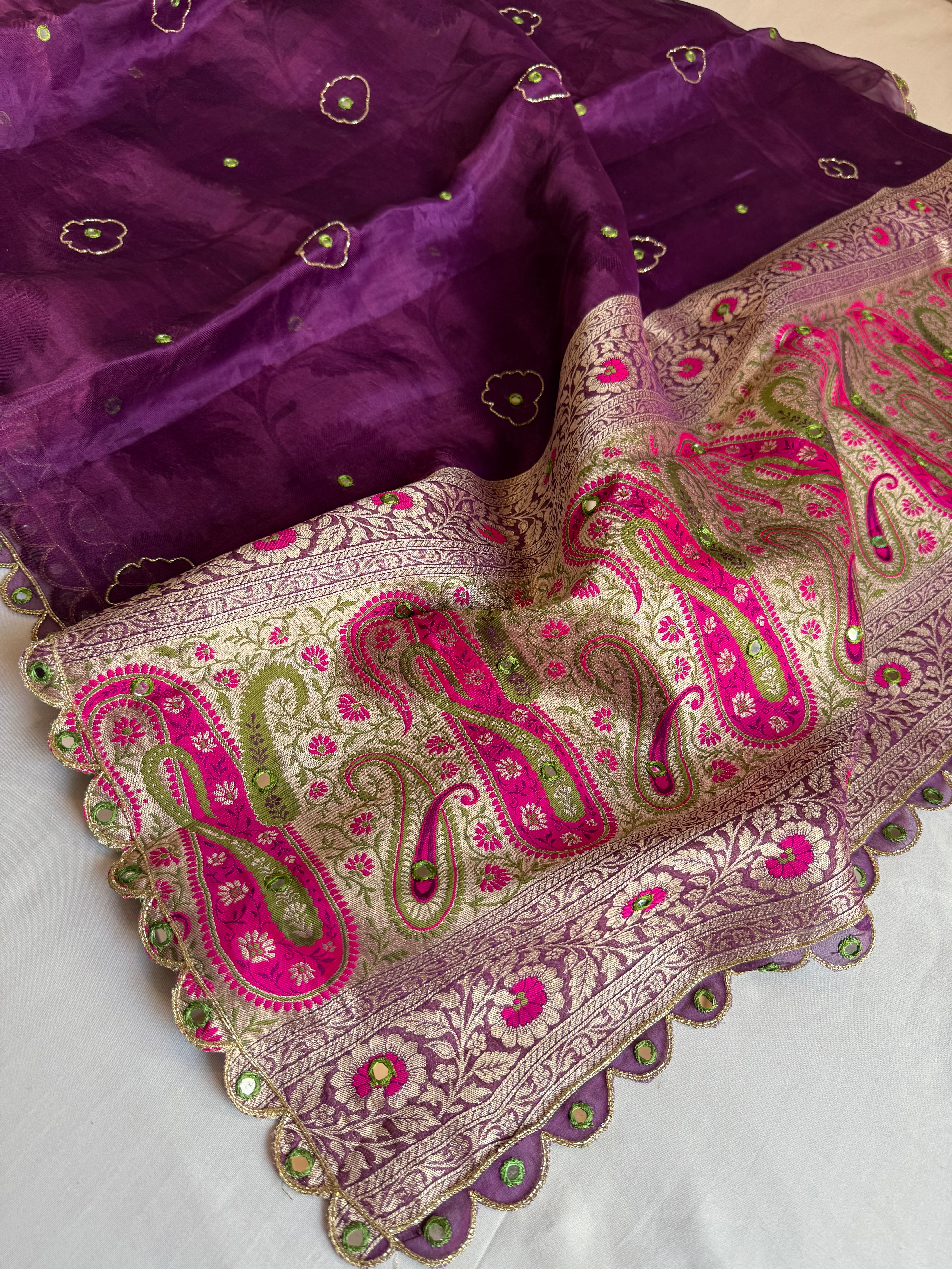 Brinjal purple tissue tanchoi meenakari jamevar pallu hand embroidered saree