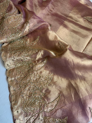 Husn blush pink tissue silk heavy hand embroidered saree