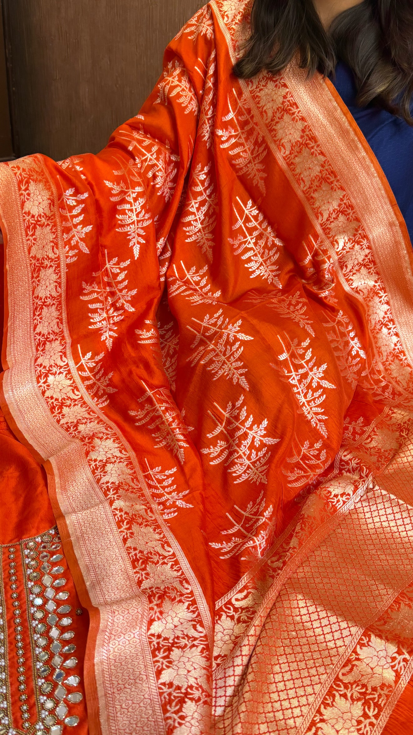 Sheesham fanta orange mirror work hand embroidered katan silk suit set