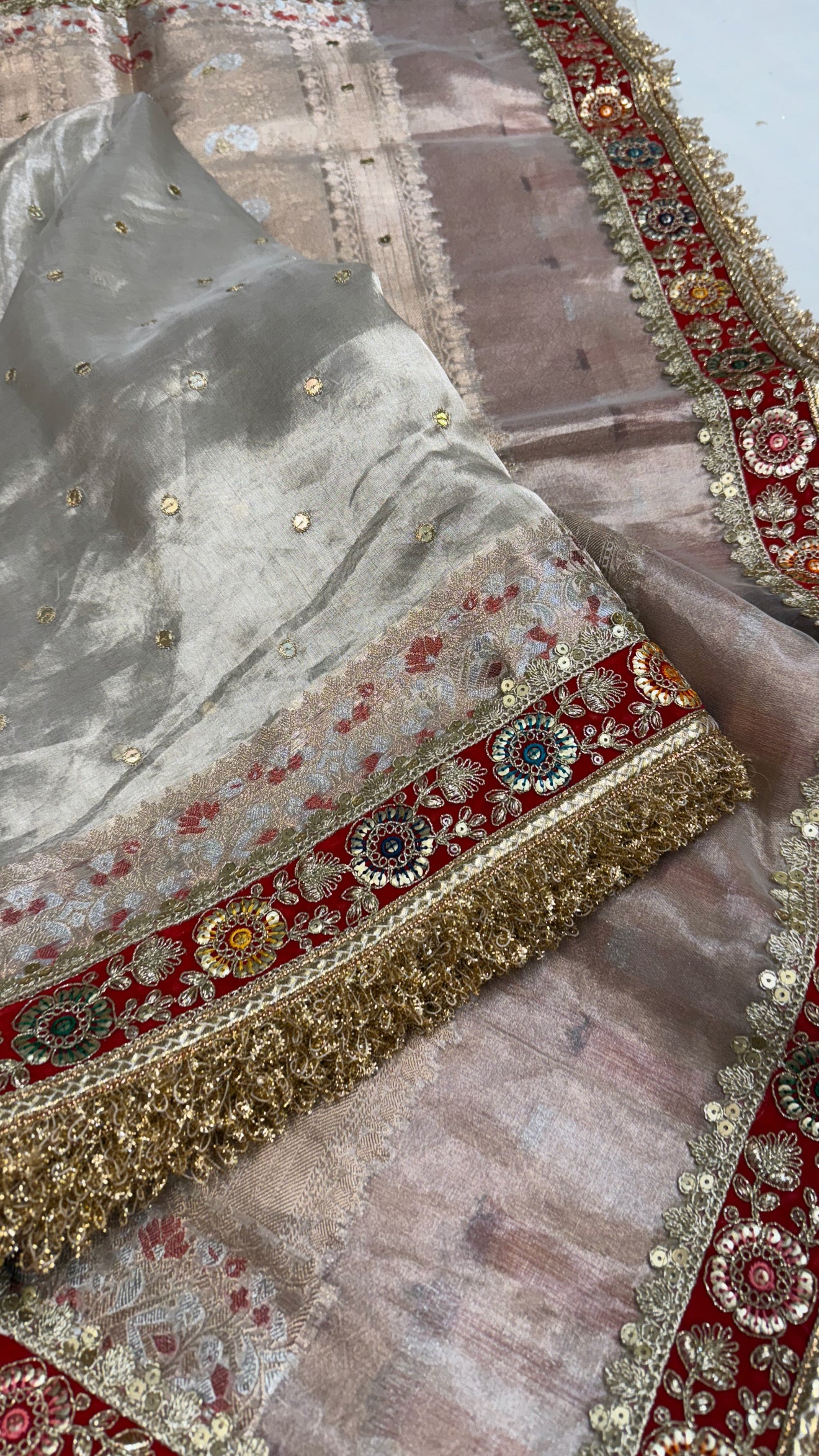 Diamond tissue silk chunri buti hand embroidered panetar saree