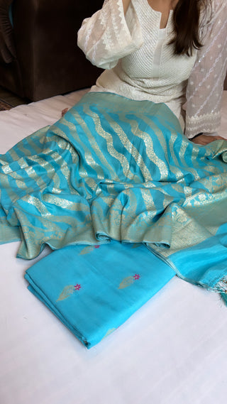 Aasmani blue moonga silk meenedar jaal suit set