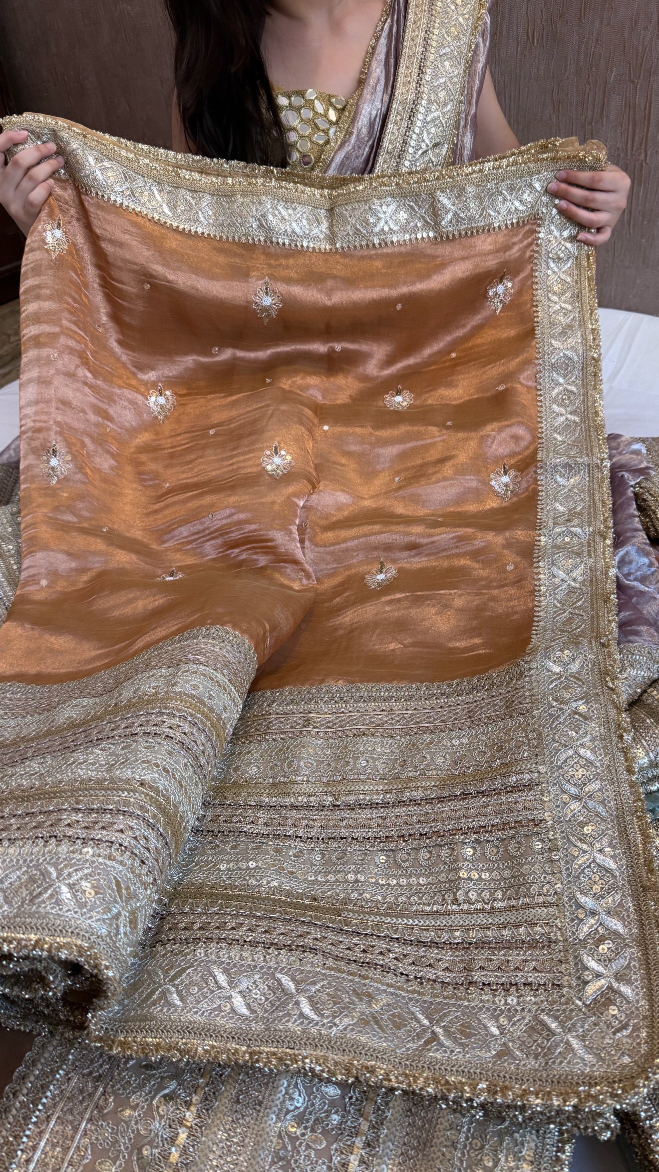 Lehenga style saree edit- Mud brown diamond tissue silk tilli work heavy gotapatti skirt border saree