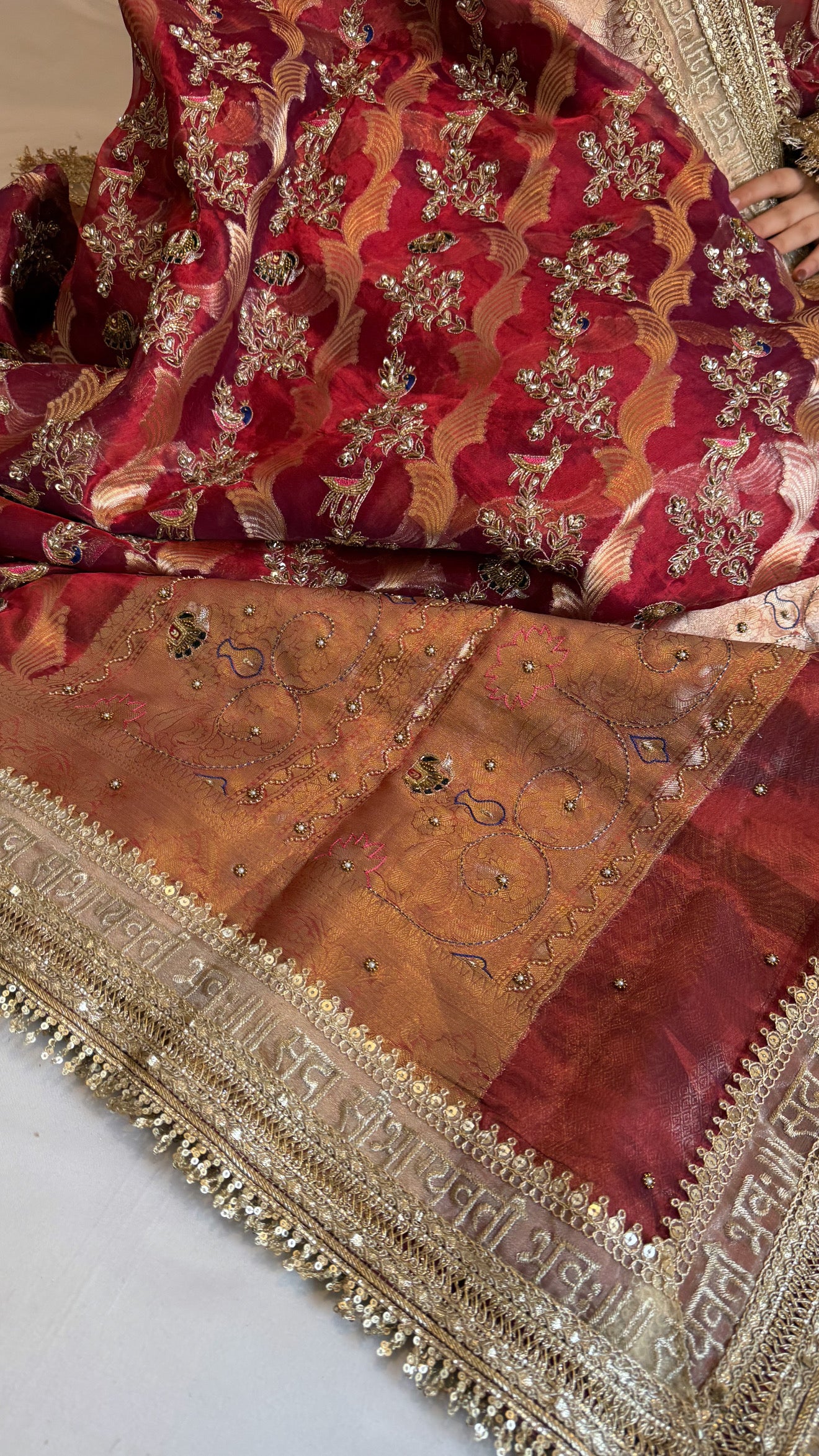 Nayi suhagan edit - Dhup chao blood red tissue silk shikargah zardozi and marodi work hand embroidered jaal work saree