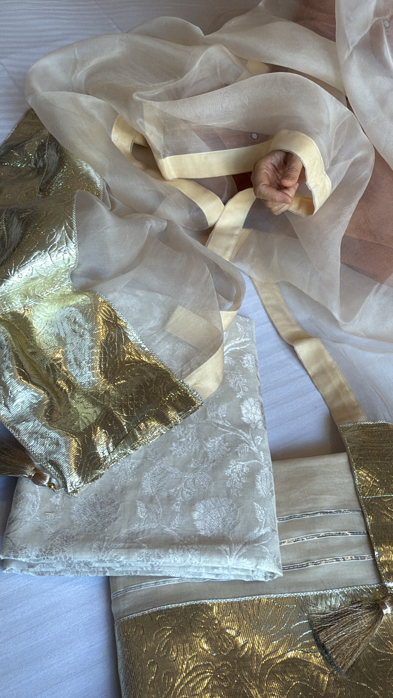 Ivory handloom cotton kadhwa jaal gotapatti suit set with kora silk gotapatti duppata