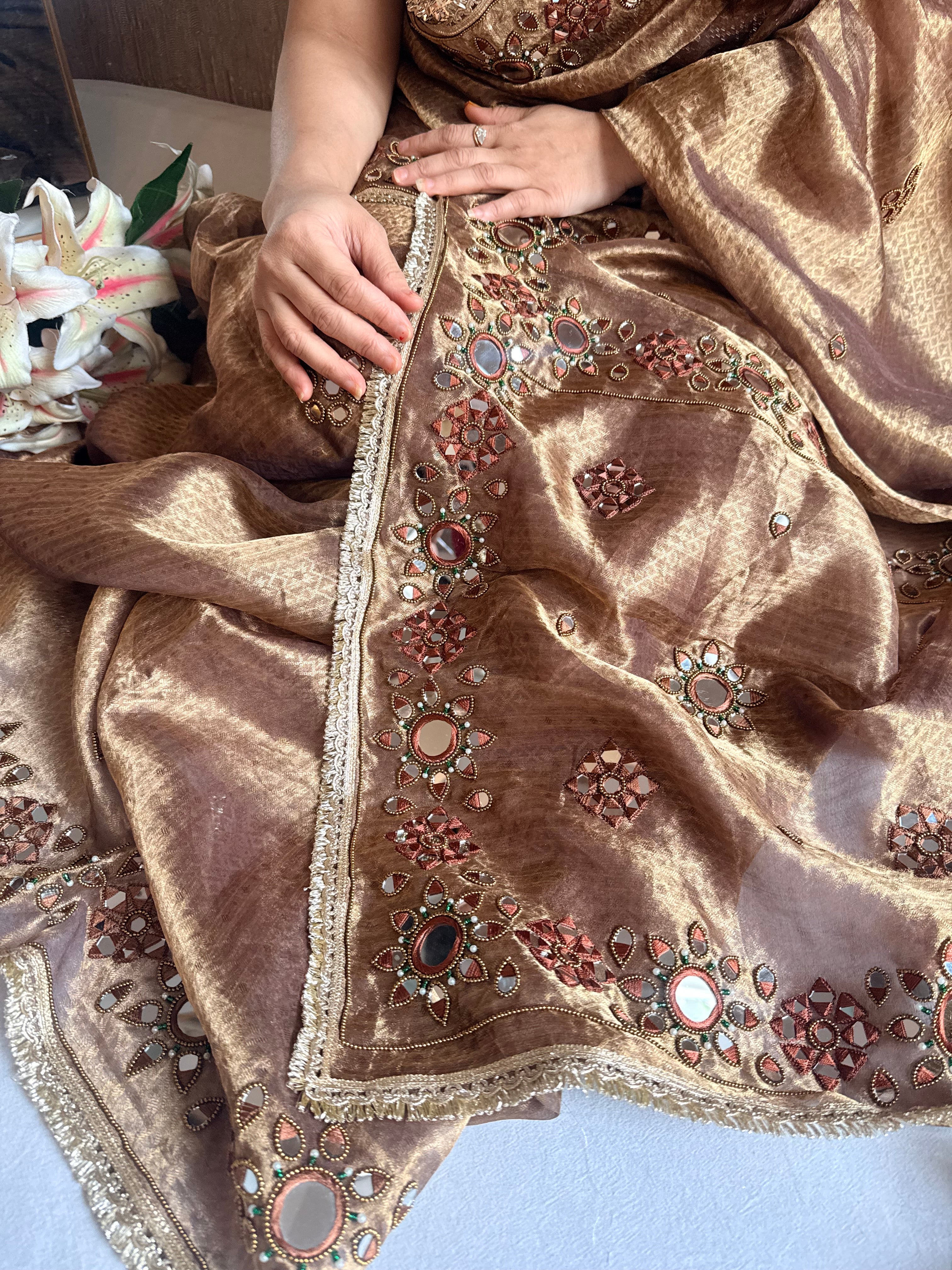 Chocolate brown tissue silk mirrorwork hand embroidered kadhwa saree