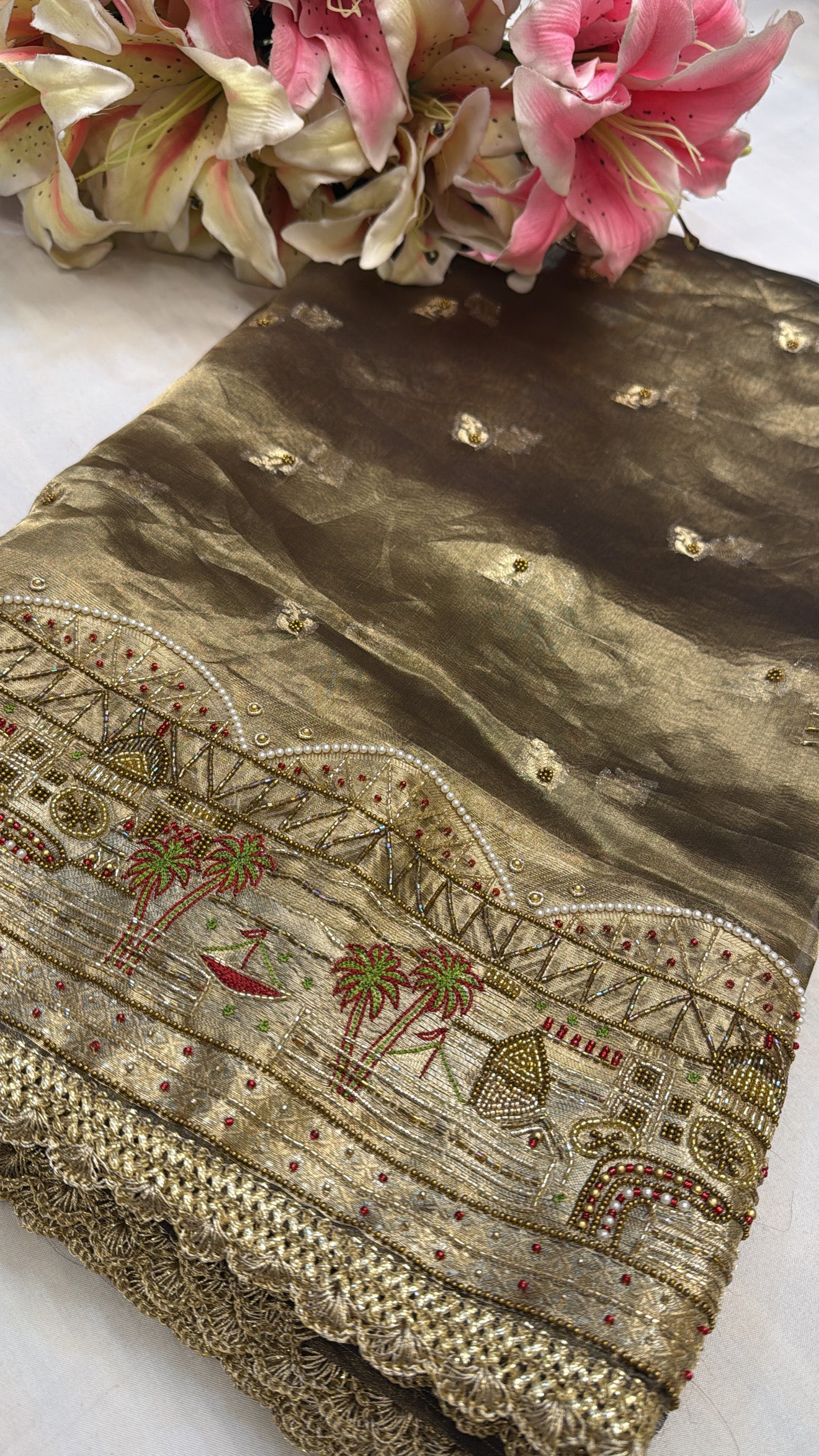 Gangakinare edit molten gold tissue silk hand embroidered saree