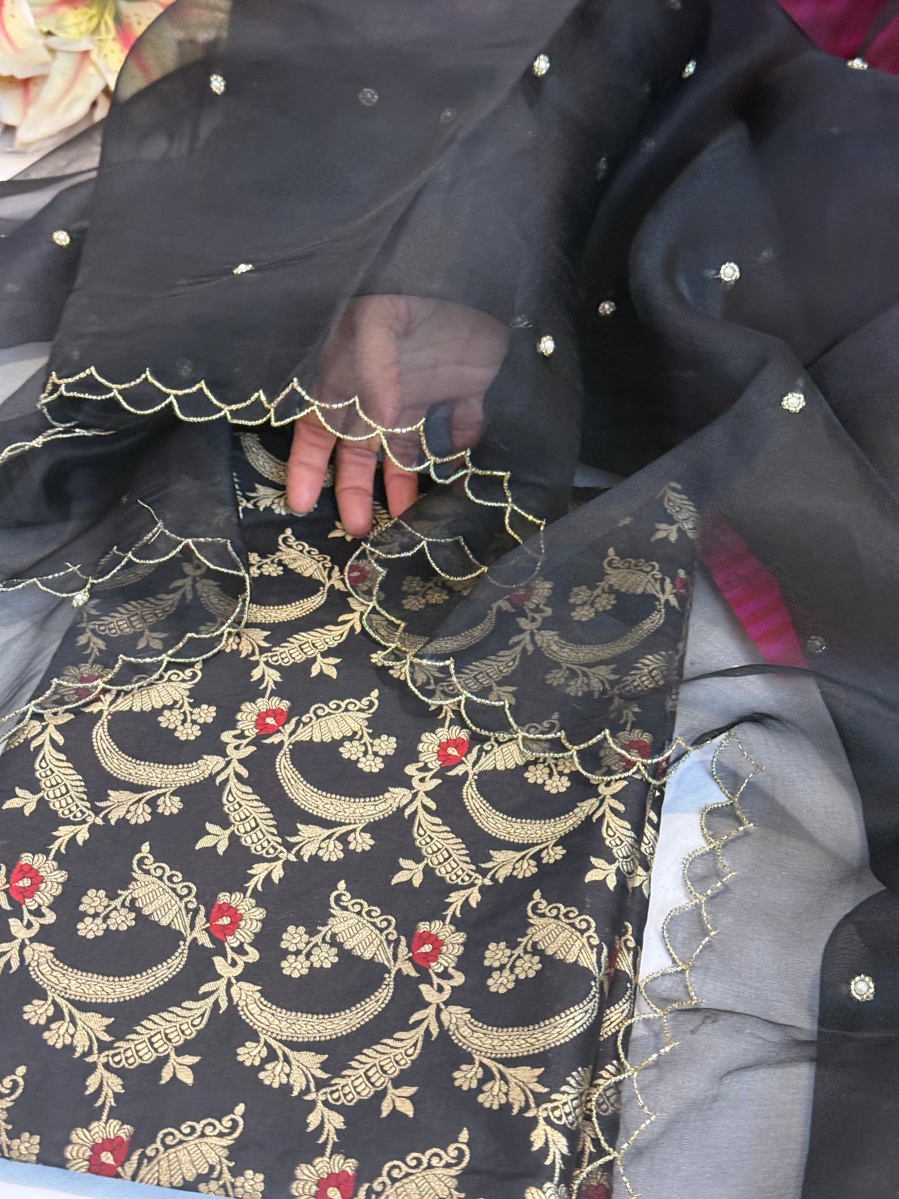 Black katan silk jungla meenakari kurta paired with scalloped kora silk duppata set