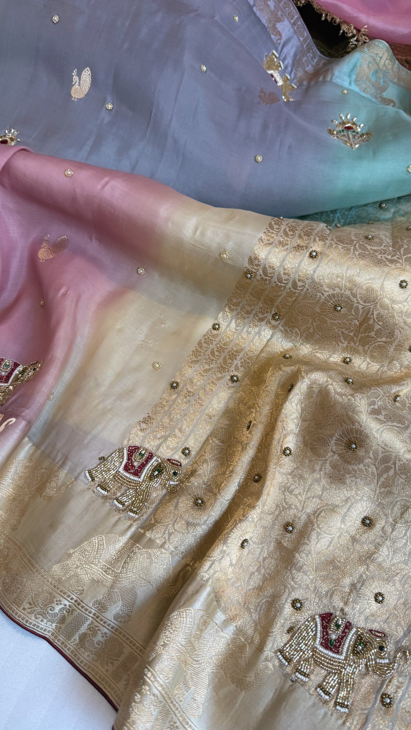 Sufi night edit - Banarasi kora silk elephant motif hand embroidered kadhwa shaded saree