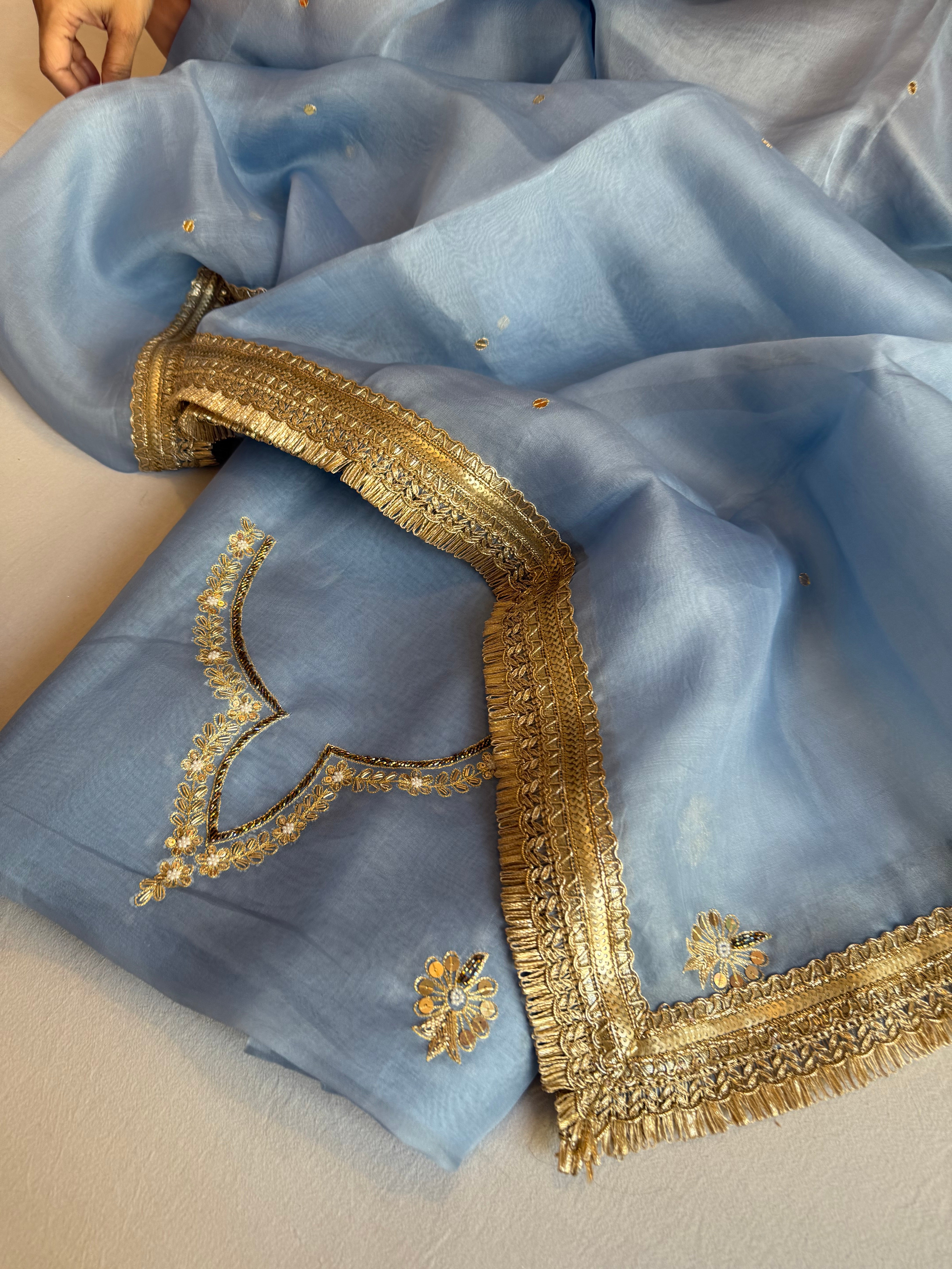 Aari and tilli hand embroidered kora silk water blue kadhwa suit set
