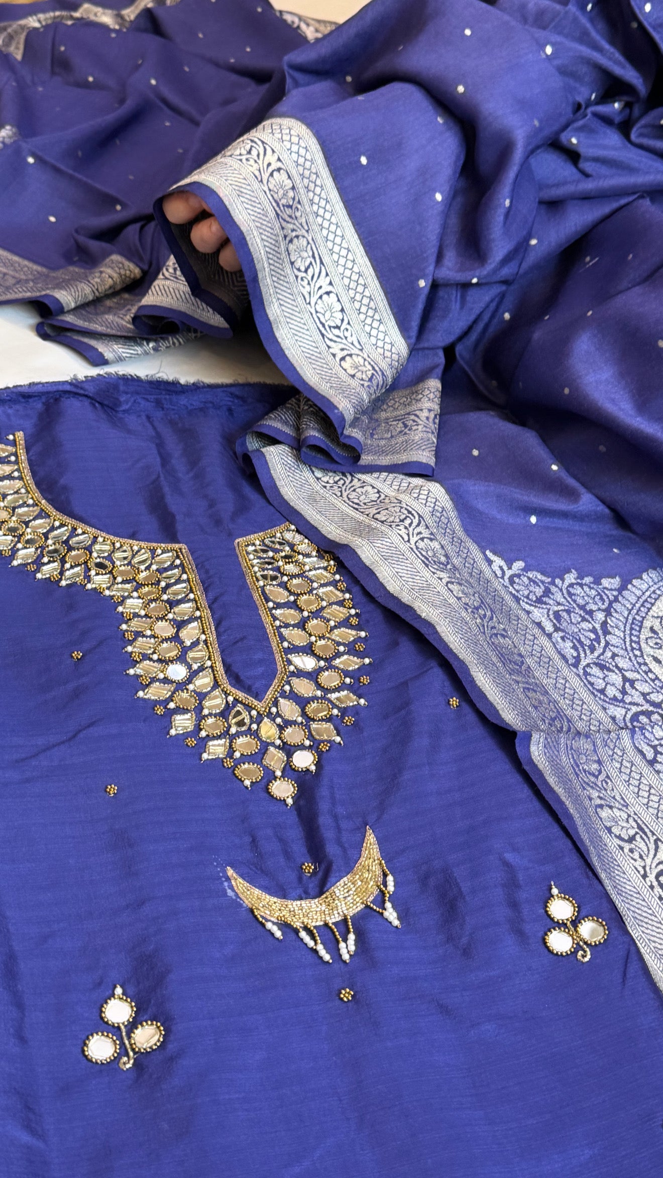 Sheesham navy blue mirror work katan silk kadhwa suit set