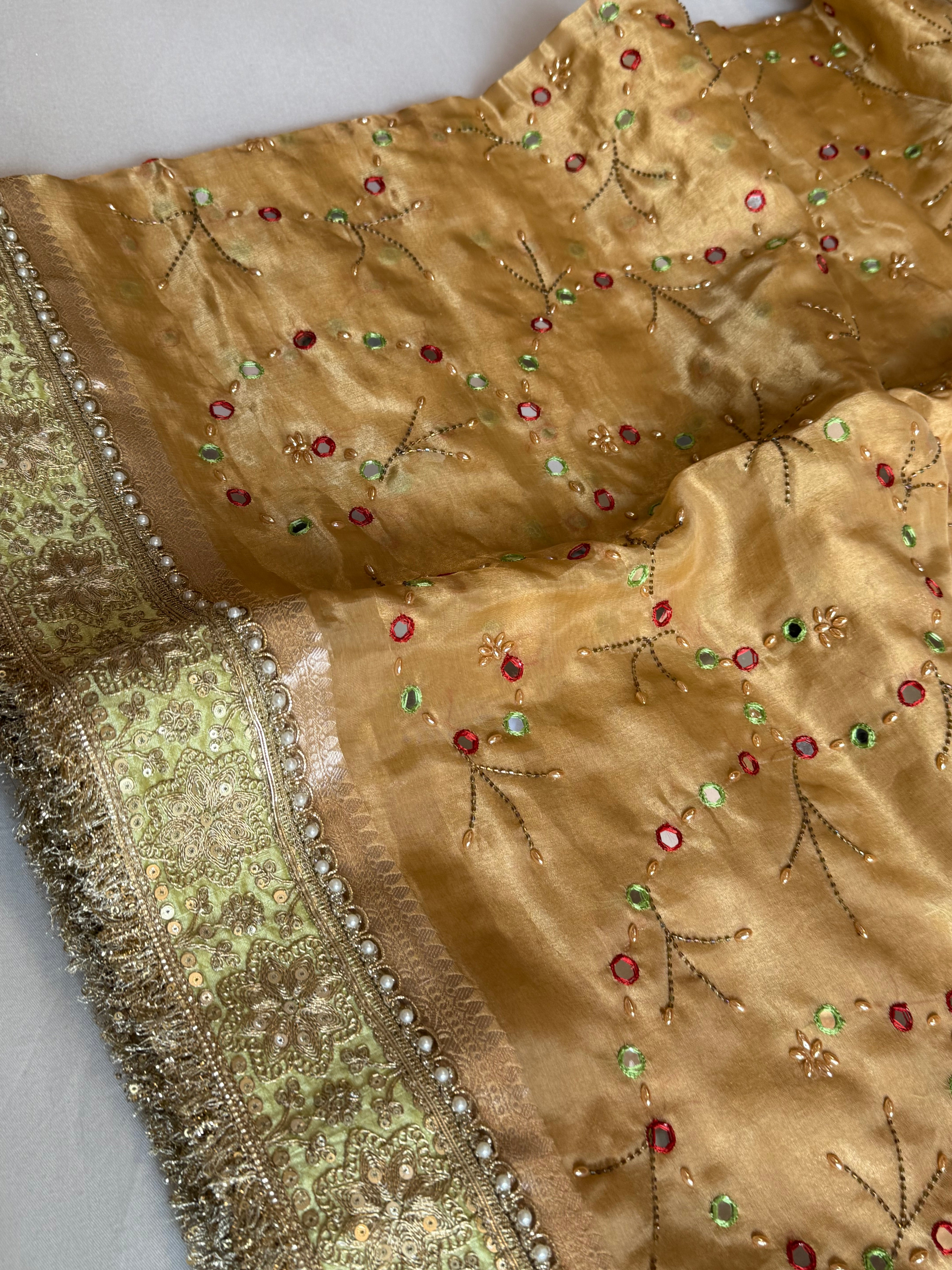 Sheesham edit - Heavy double tissue silk mirror work hand embroidered saree