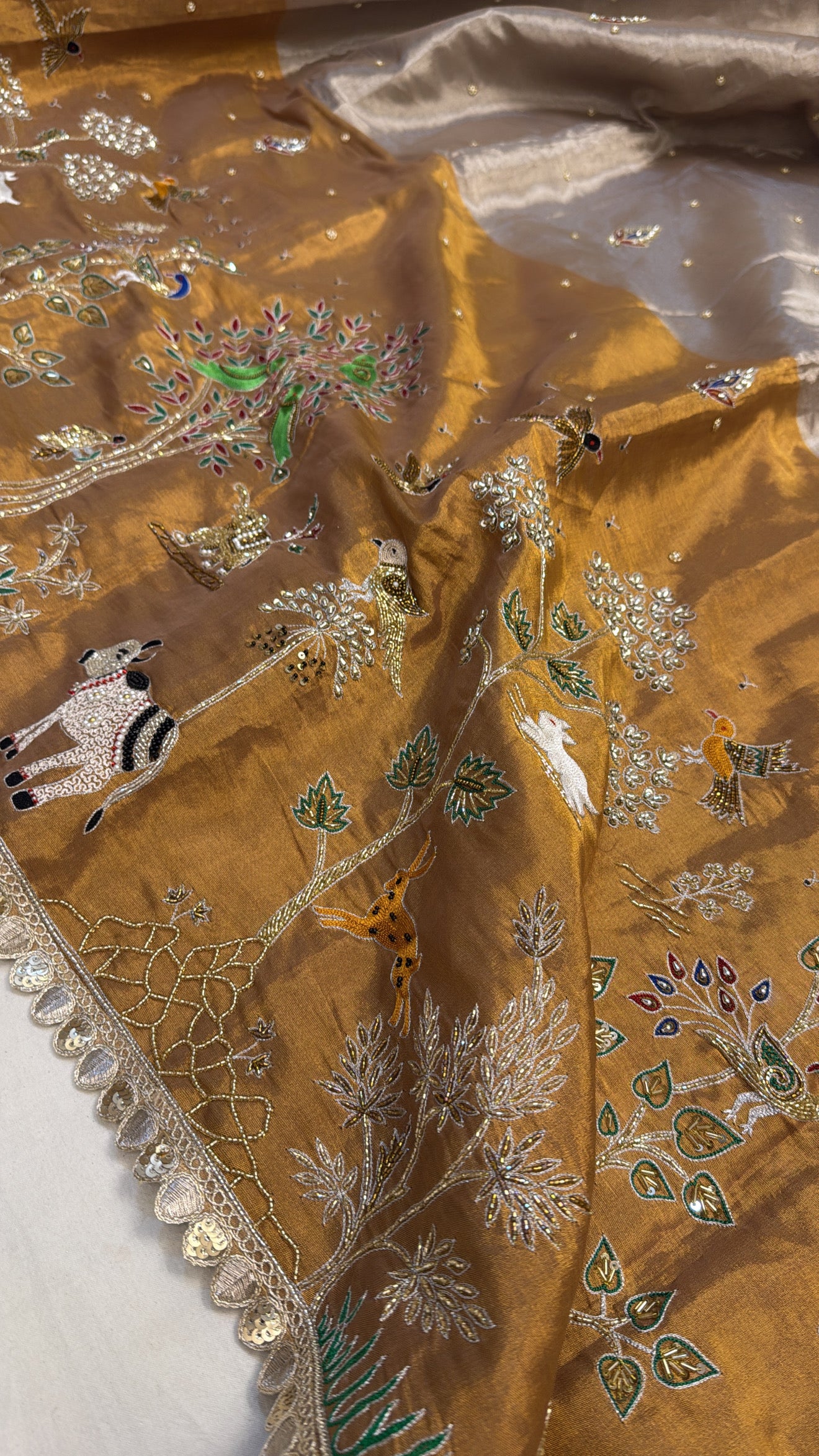 Sona rupa weaving husn tissue silk shikargah hand embroidered kadhwa saree