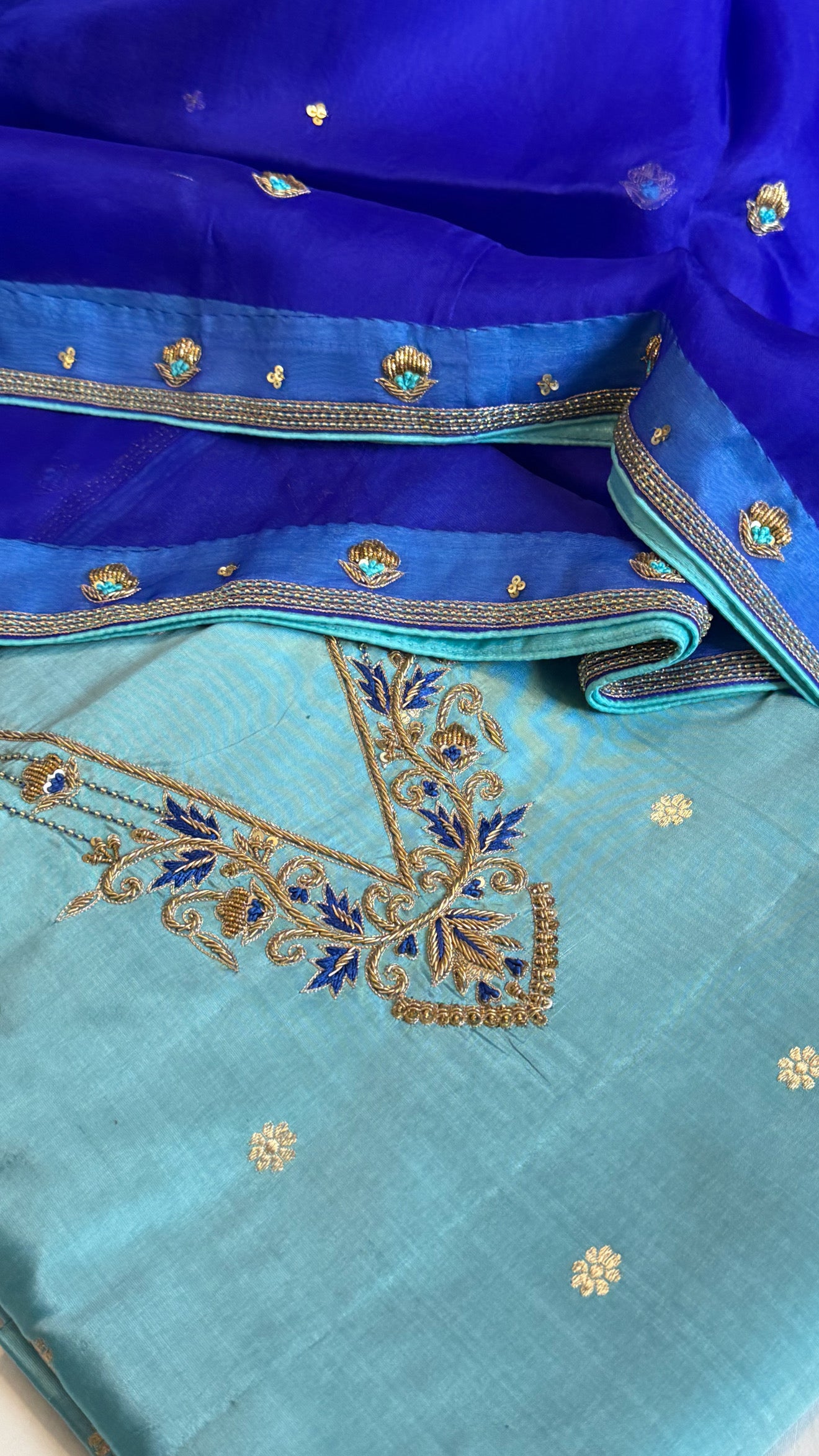 Sea blue - electric blue shade katan silk hand embroidered kurta paired with kora silk zardozi duppata