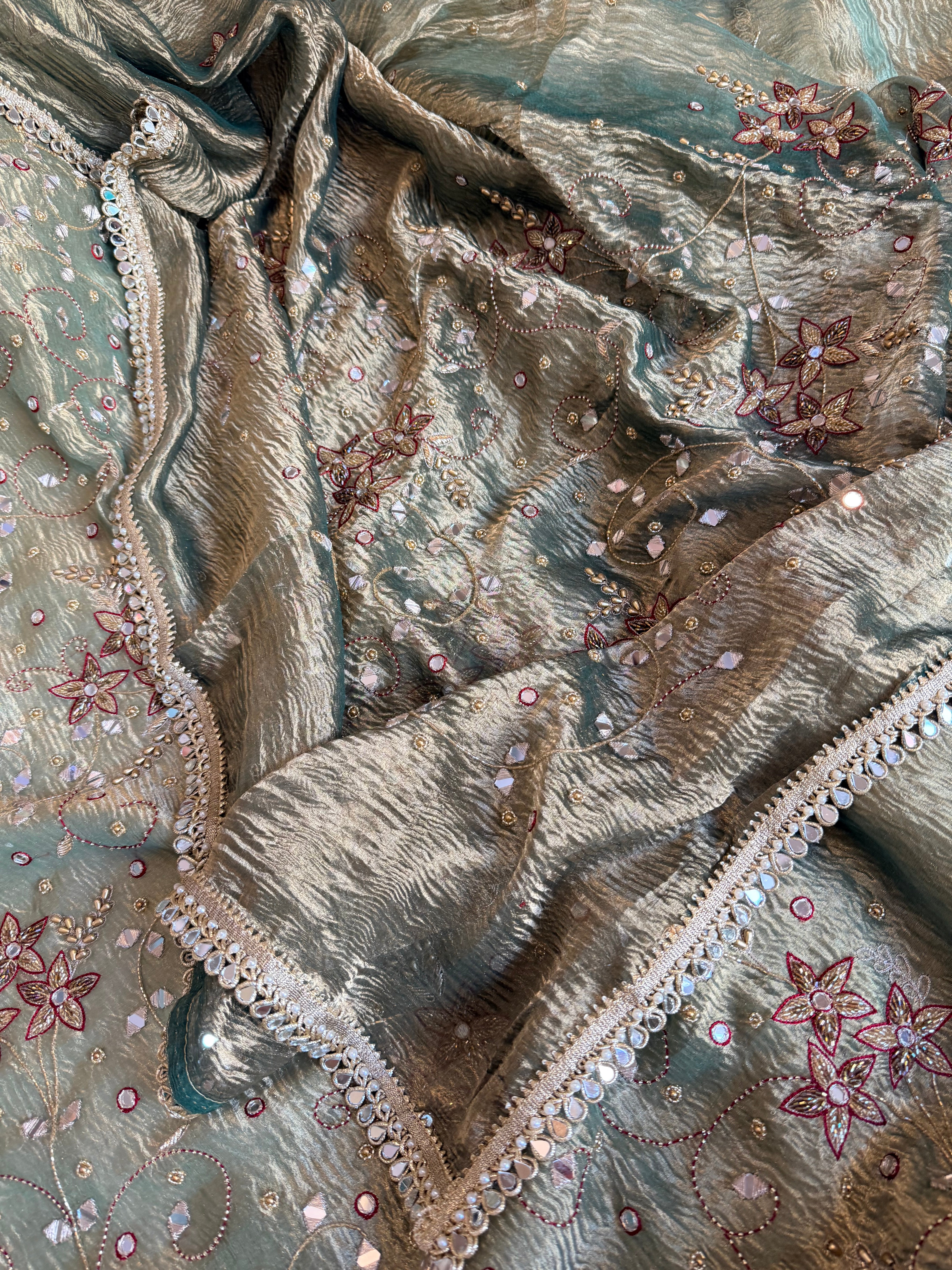 Banarasi tissue silk mirrorwork hand embroidered crushed suit sets