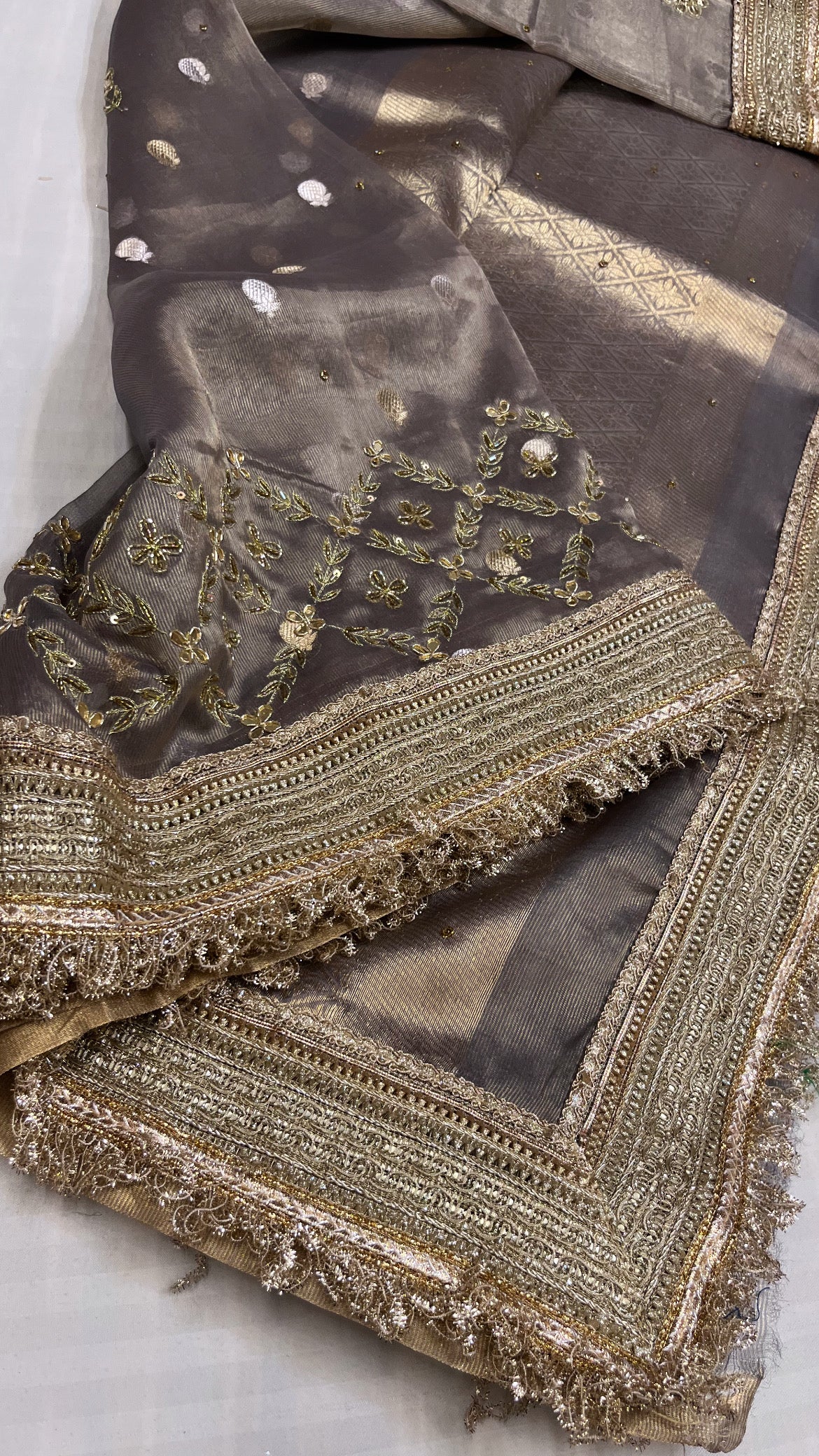 Husn chrome grey kota tissue silk hand embroidered saree