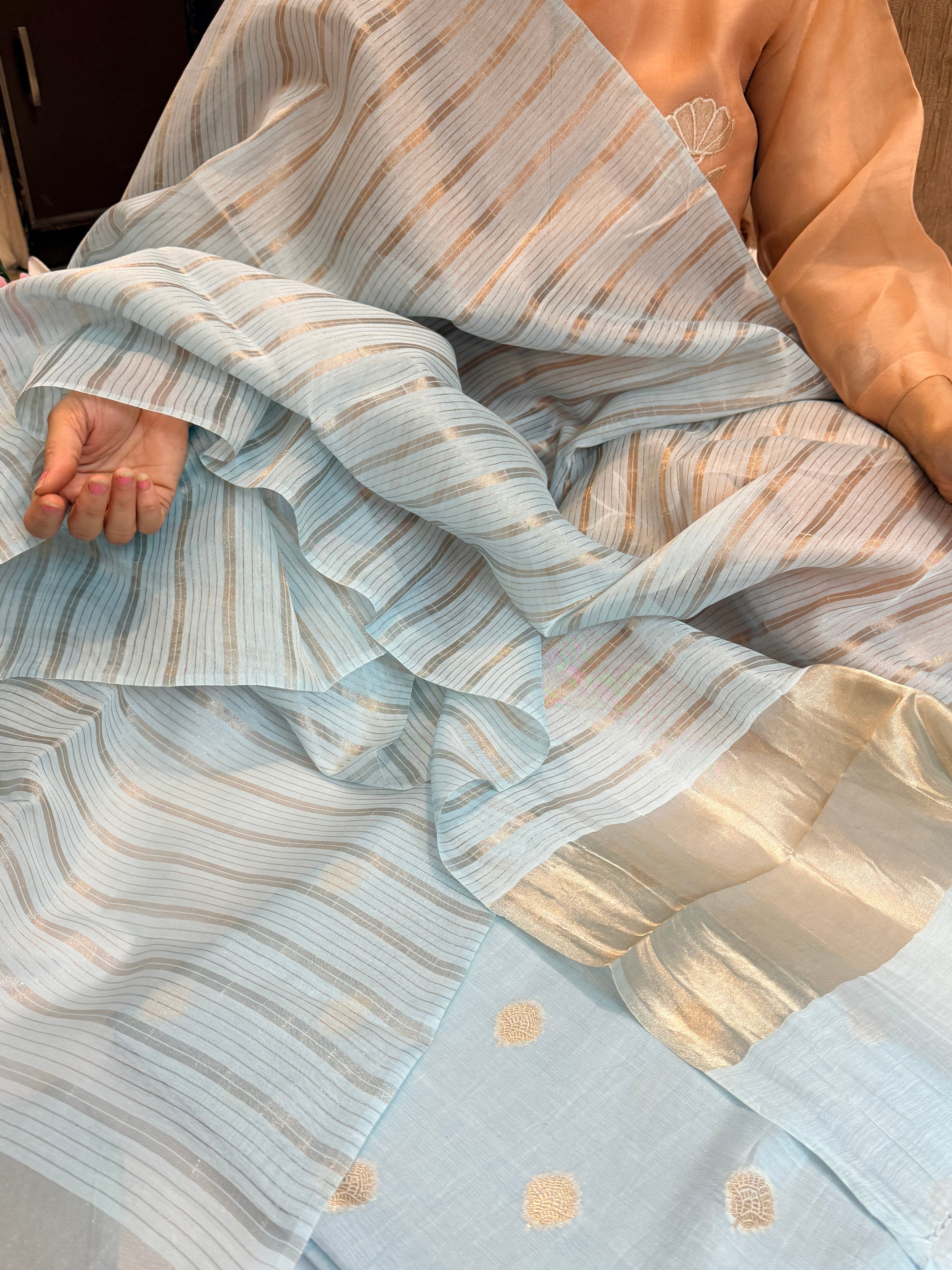 BELOW 8K - Ice blue zari cotton striped kadhwa buti banarasi suit set