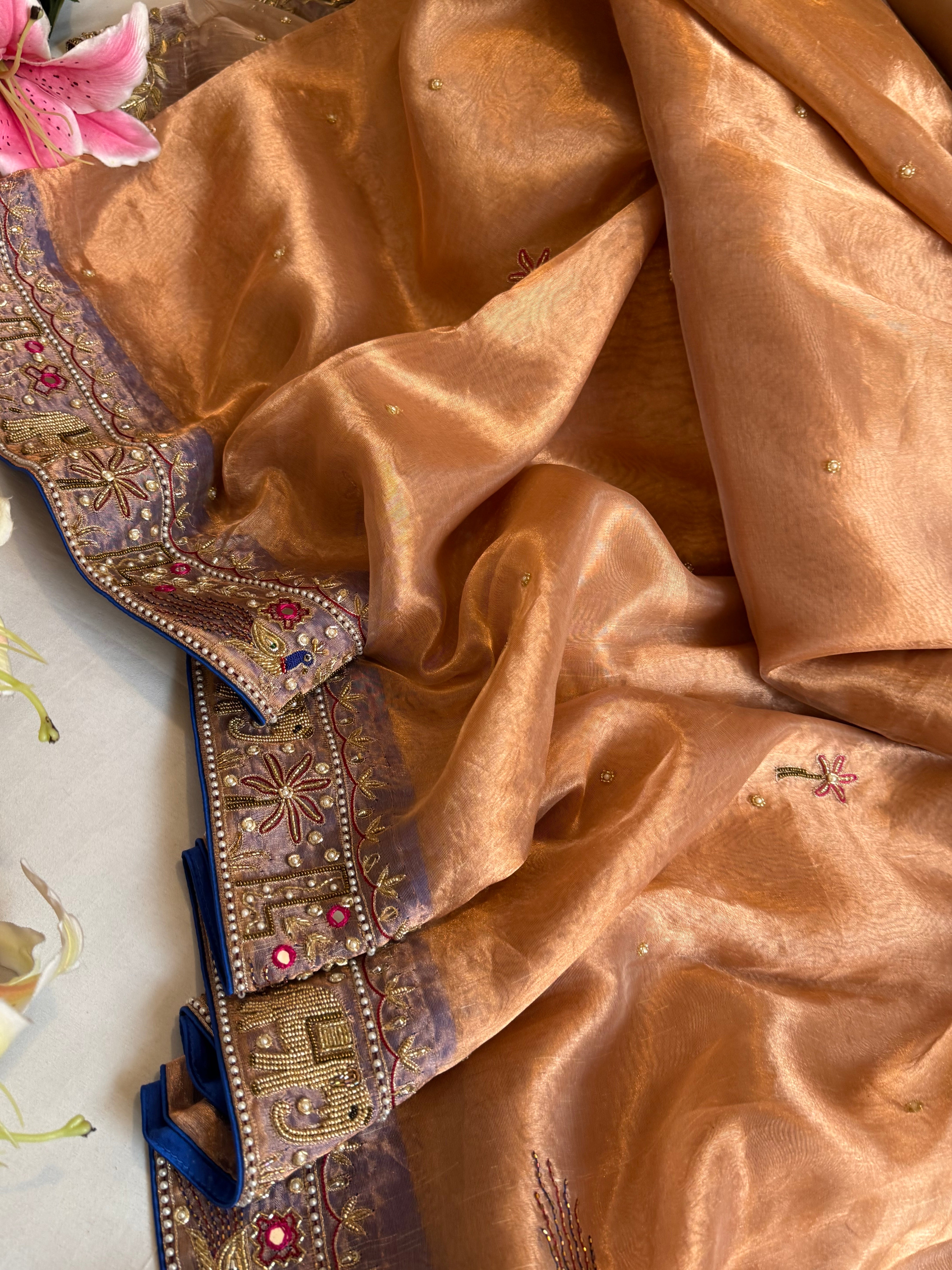 Sheeshmahal shikargah edit - Rose gold tissue silk hand embroidered elephant motif border kadhwa saree