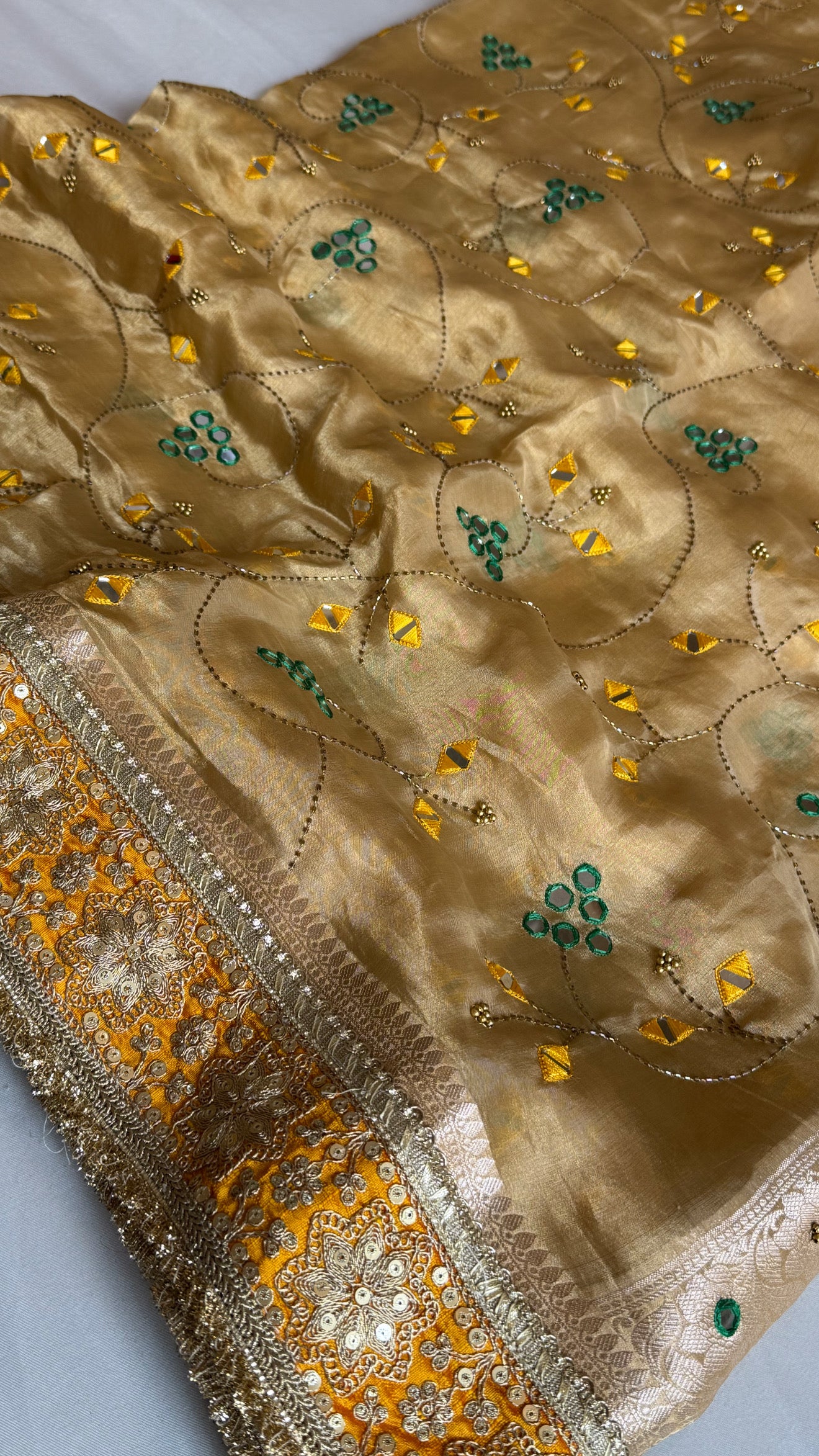 Sheesham edit - Heavy double tissue silk mirror work hand embroidered saree