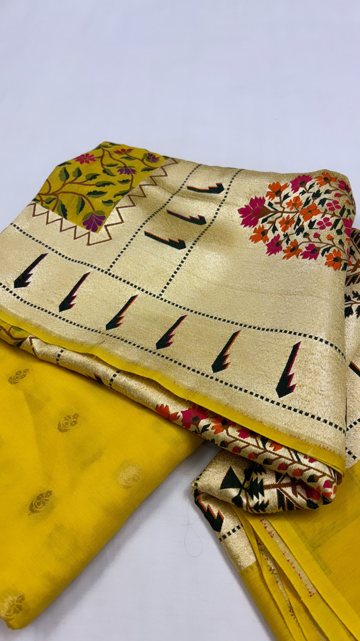 Pure Banarasi mango yellow moonga silk kadhwa buti kurta paired with kadhwa  meenedar paithani jaal intricately woven duppata and bottom set