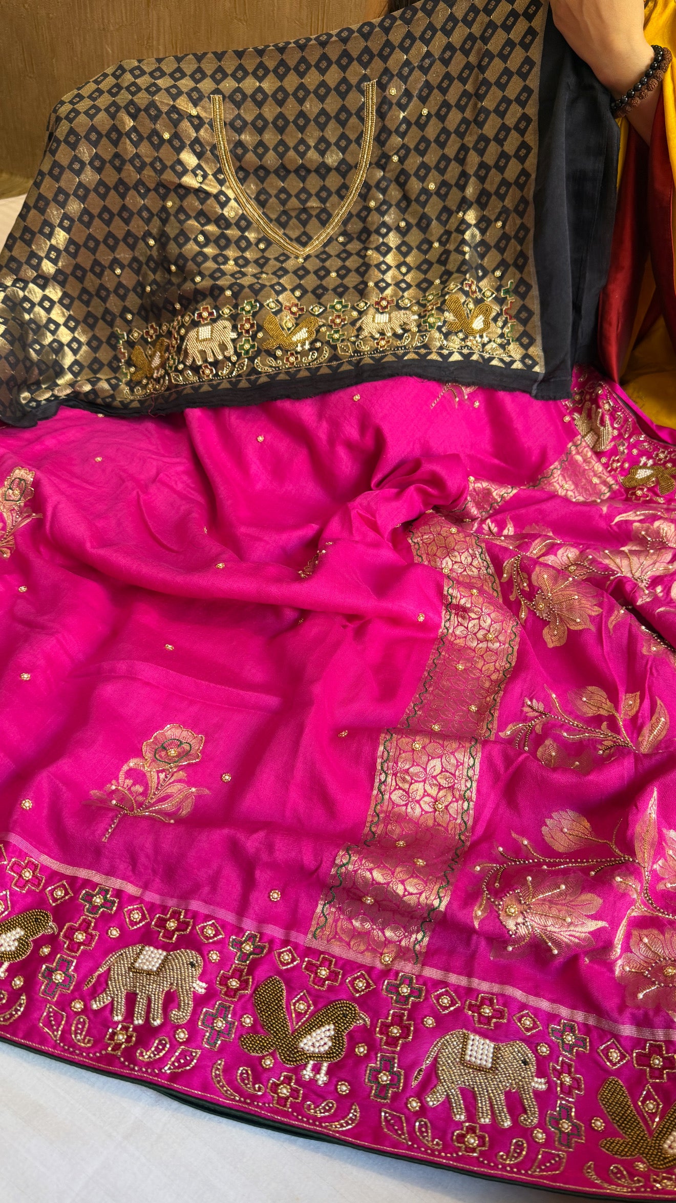 Moonga silk fusion saree with double ikkat patola inspired hand embroidered saree