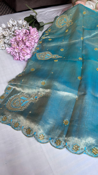 Husn sea blue tissue silk saree