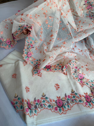 Mulmul cotton banarasi resham hand embroidered kadhwa suit set