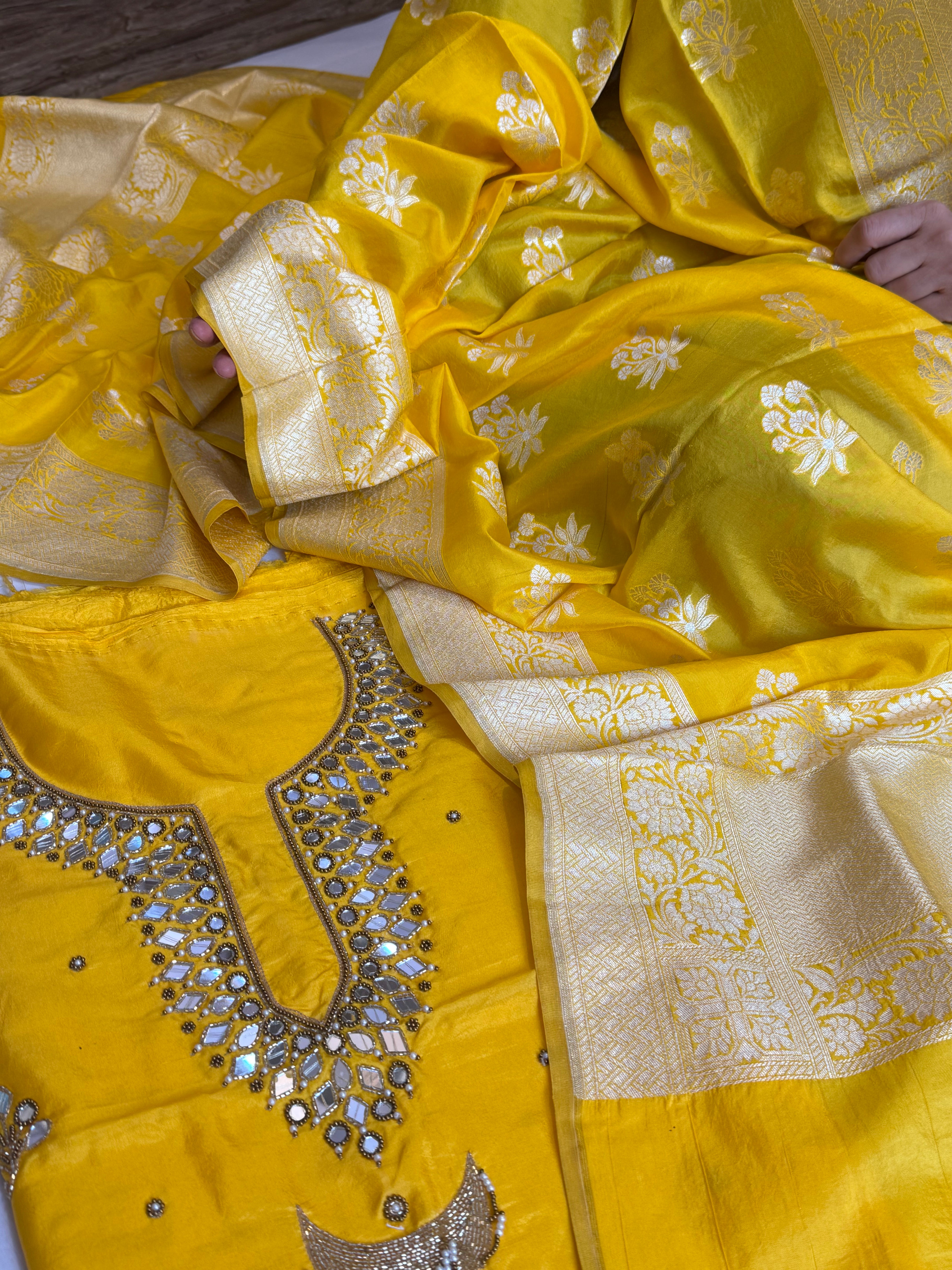 Sheesham haldi yellow mirror work hand embroidered katan silk kadhwa suit set