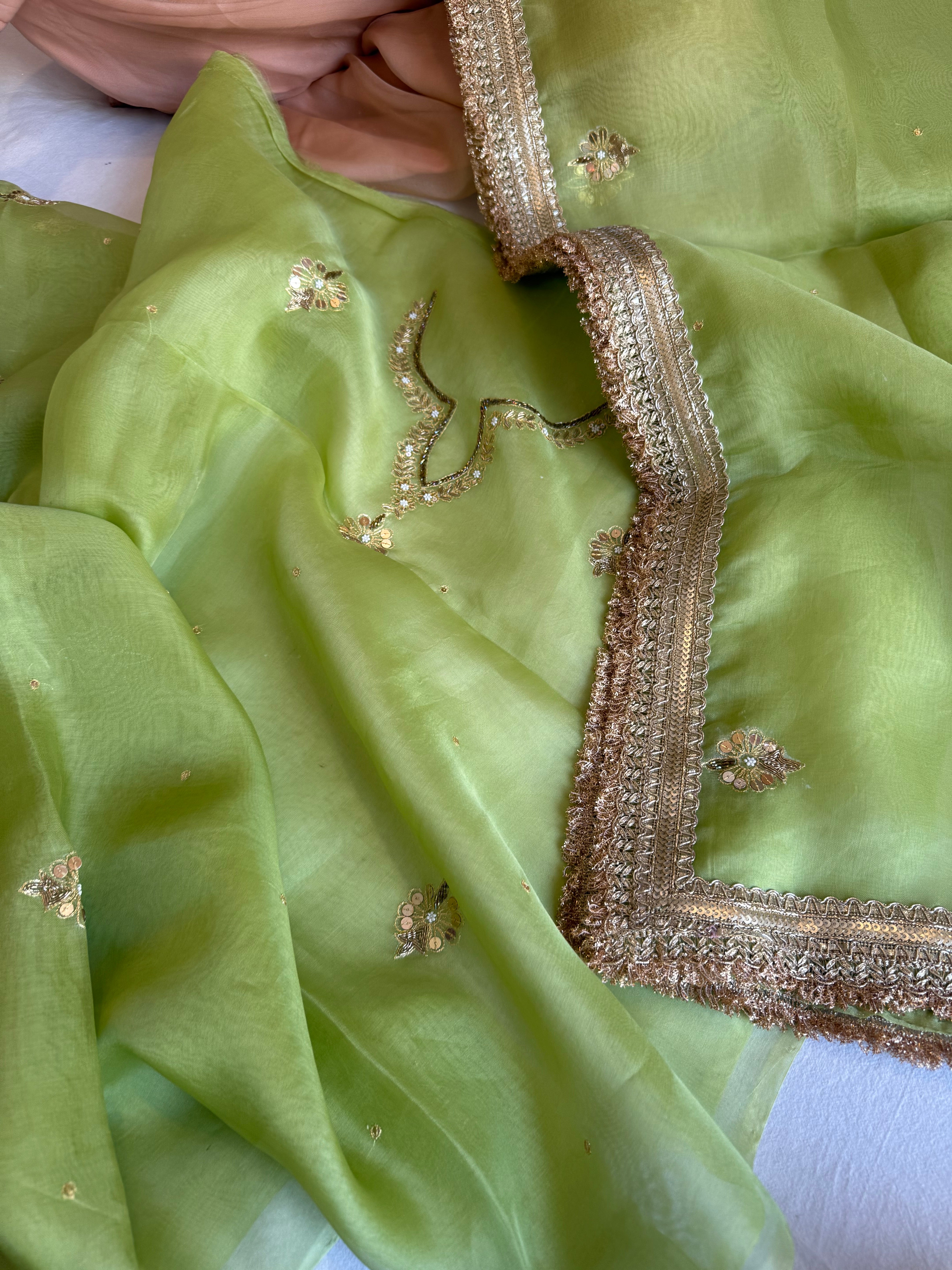 Aari and tilli kora silk hand embroidered grass green kadhwa suit set
