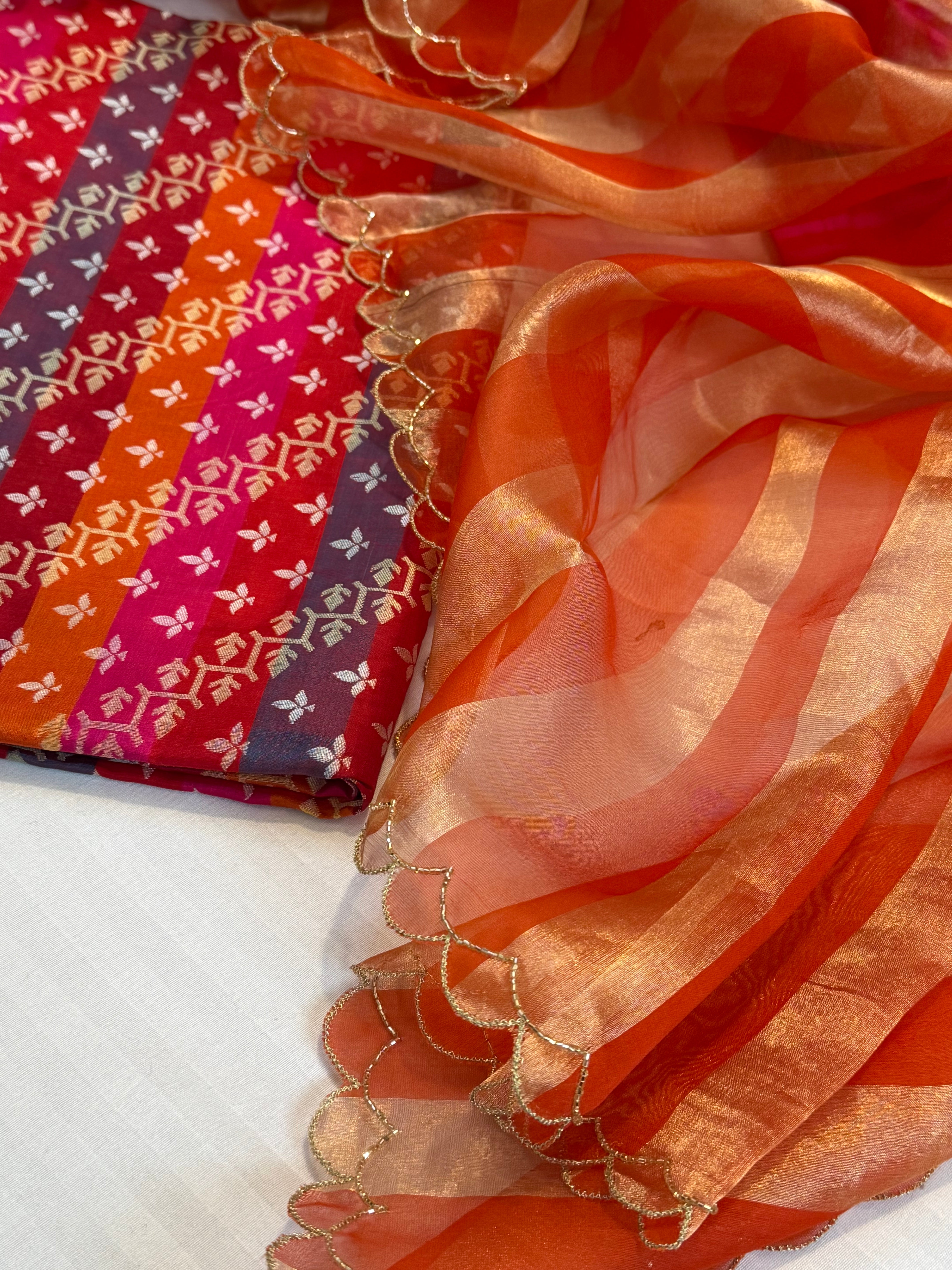 Katan silk rangkaat weaving kurta paired with Kora tissue striped duppata set