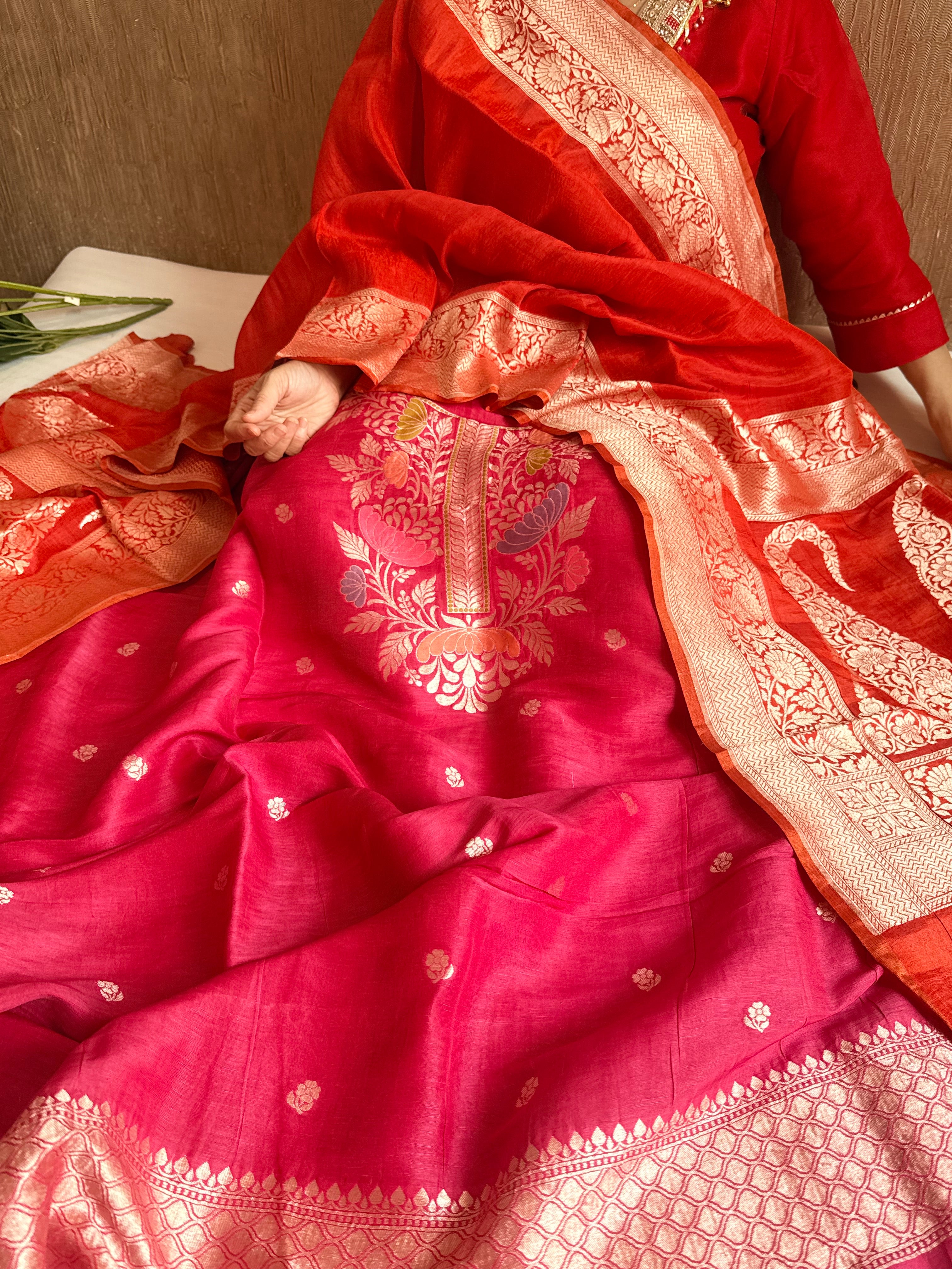 Banarasi linen gorgette neckwork weaving meenakari suit set