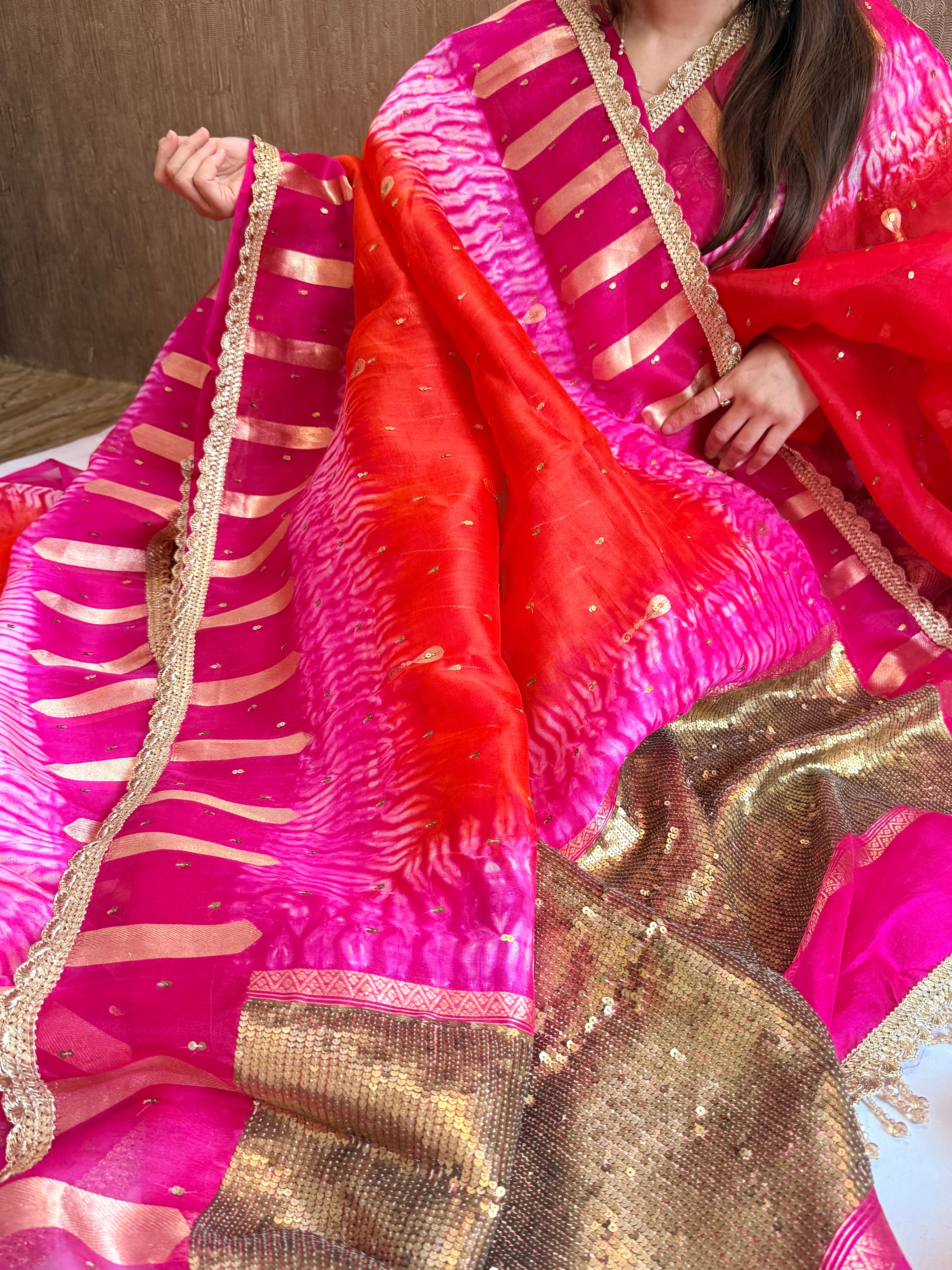 Shibori dye kora silk salma sitara work hand embroidered sequins saree