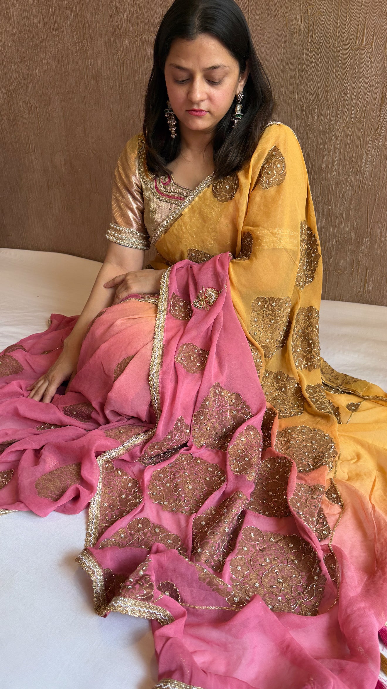 Haldi yellow and pink gorgette banarasi hand embroidered antique zari kadhwa saree